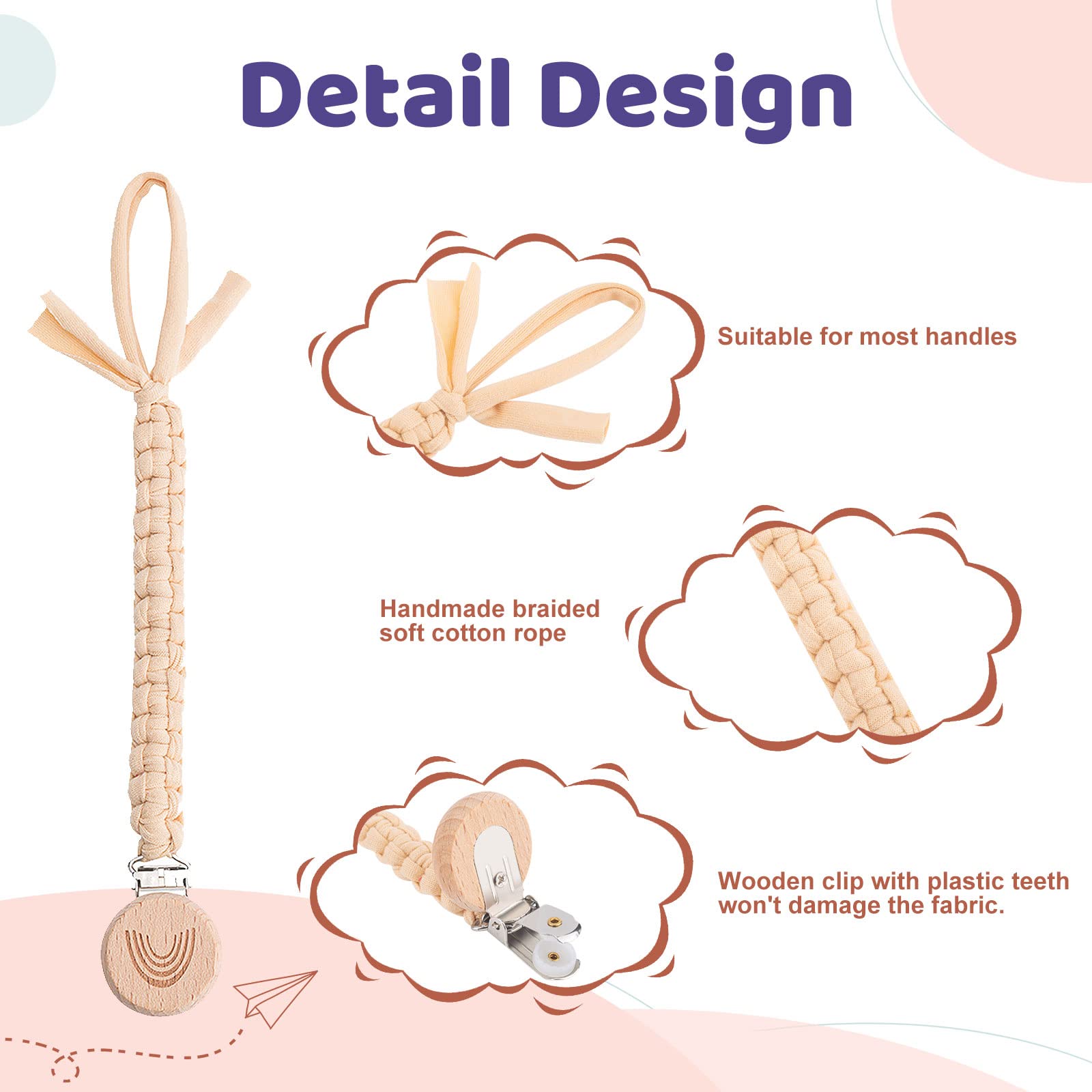 Symbolife Pacifier Clip for Boys Girls Pacifier Holder Leash Boho Rainbow Wooden Clips Handmade Braided Cotton Unisex Baby Shower Birthday Gift Christmas Gift