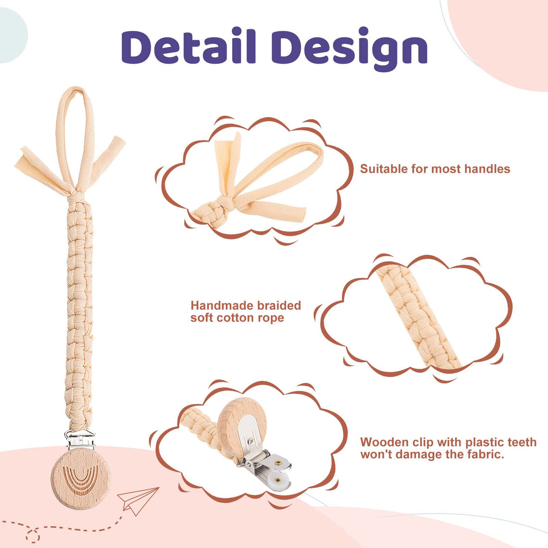 Symbolife Pacifier Clip for Boys Girls Pacifier Holder Leash Boho Rainbow Wooden Clips Handmade Braided Cotton Unisex Baby Shower Birthday Gift Christmas Gift