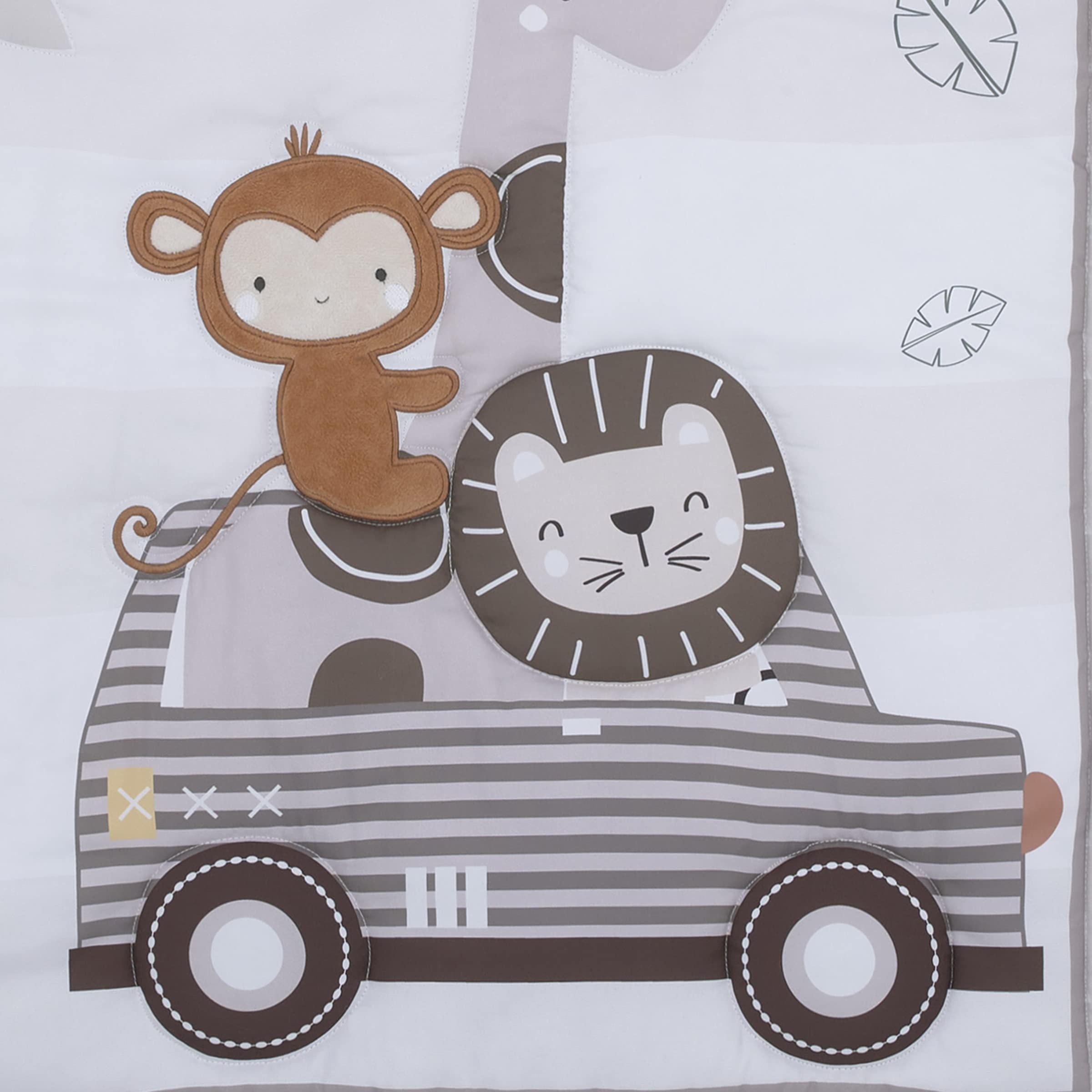 Little Love by NoJo Jungle Ride Grey, White and Brown, Monkey, Giraffe and Lion 3 Piece Nursery Mini Crib Bedding Set - Comforter, Two Fitted Mini Crib Sheets