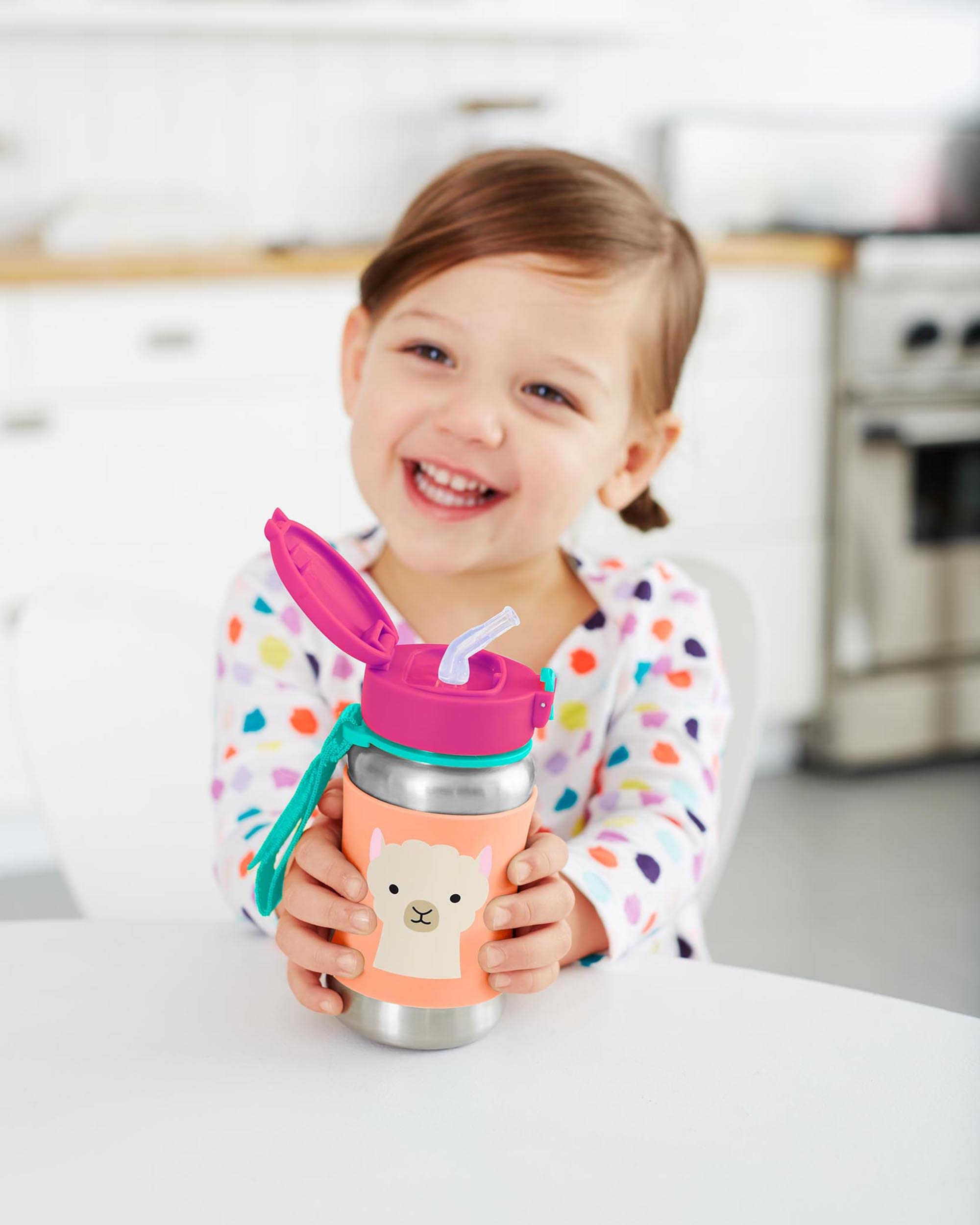 Skip Hop Toddler Sippy Cup with Straw, Zoo Stainless Steel Straw Bottle, Llama, 350 milliliters