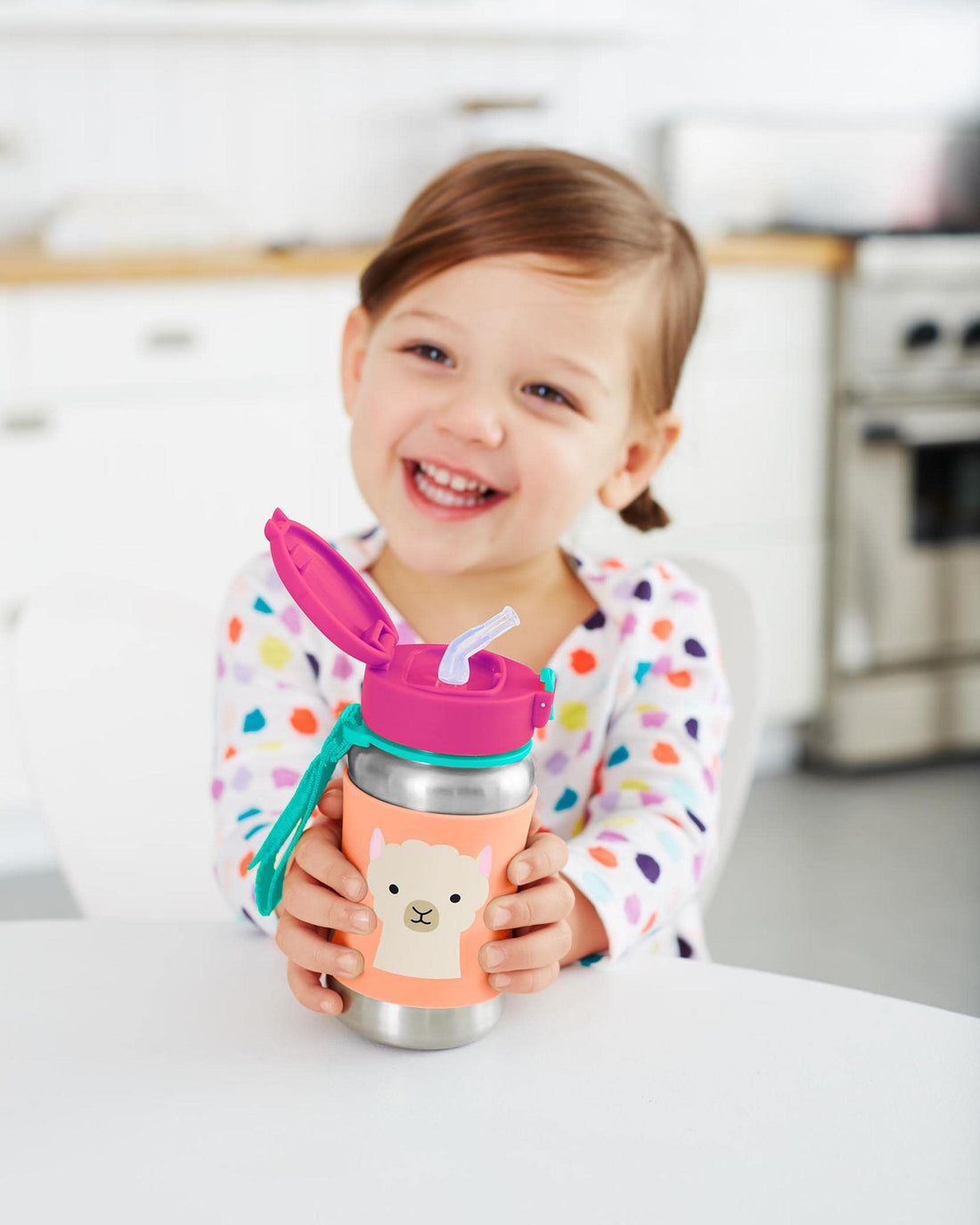 Skip Hop Toddler Sippy Cup with Straw, Zoo Stainless Steel Straw Bottle, Llama, 350 milliliters