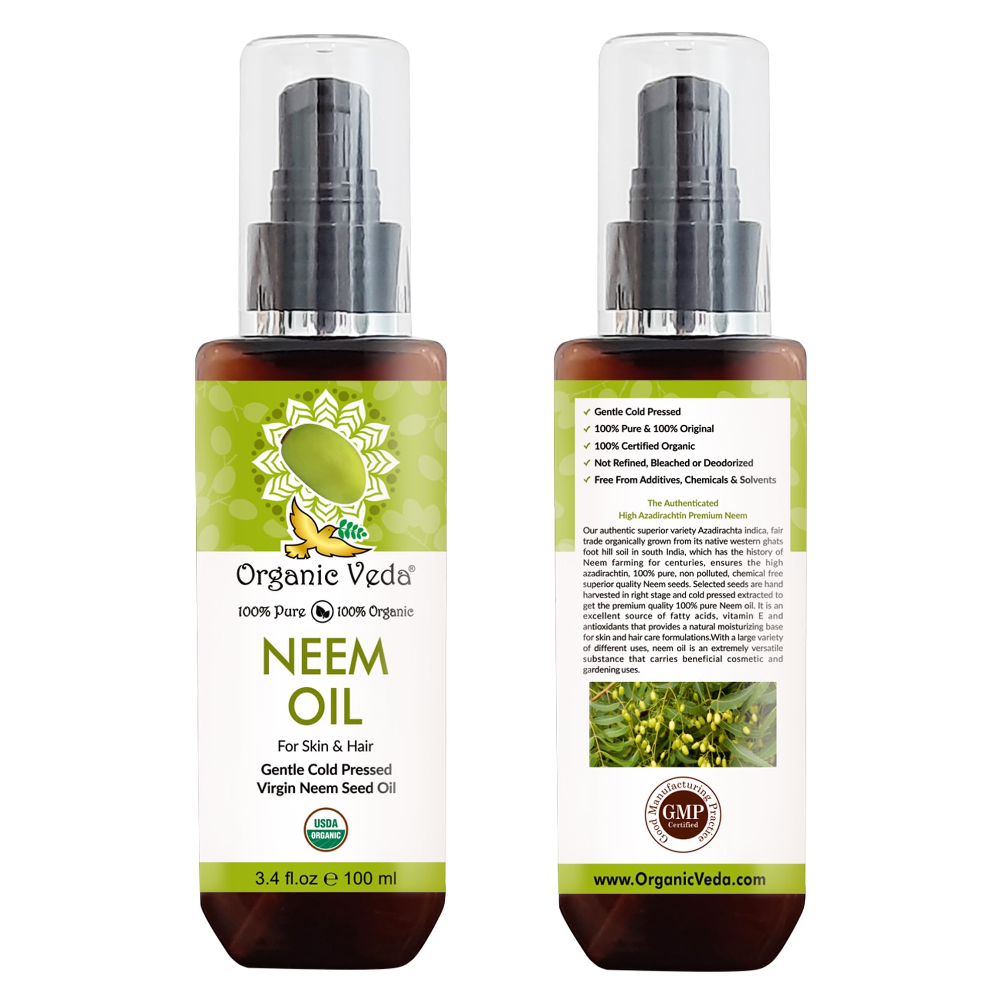Organic Veda Neem Oil - Pure, Cold Pressed & Organic Neem Oil for Skin, Hair, Face, Body, Scalp - Natural Moisturizer, Virgin Neem seed oil - Rich in Vitamin E, Fatty Acids, Antioxidants - 3.4 fl oz
