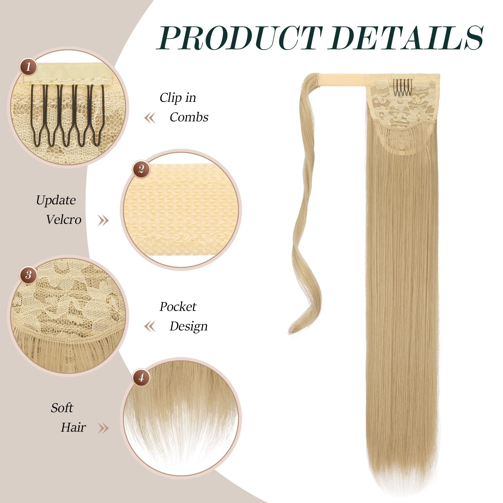 FESHFEN Straight Ponytail Extensions 28 Inch Long Wrap Around Synthetic Hair Piece Clip in Ponytail Hair Extensions Hairpiece for Women Girls 150g