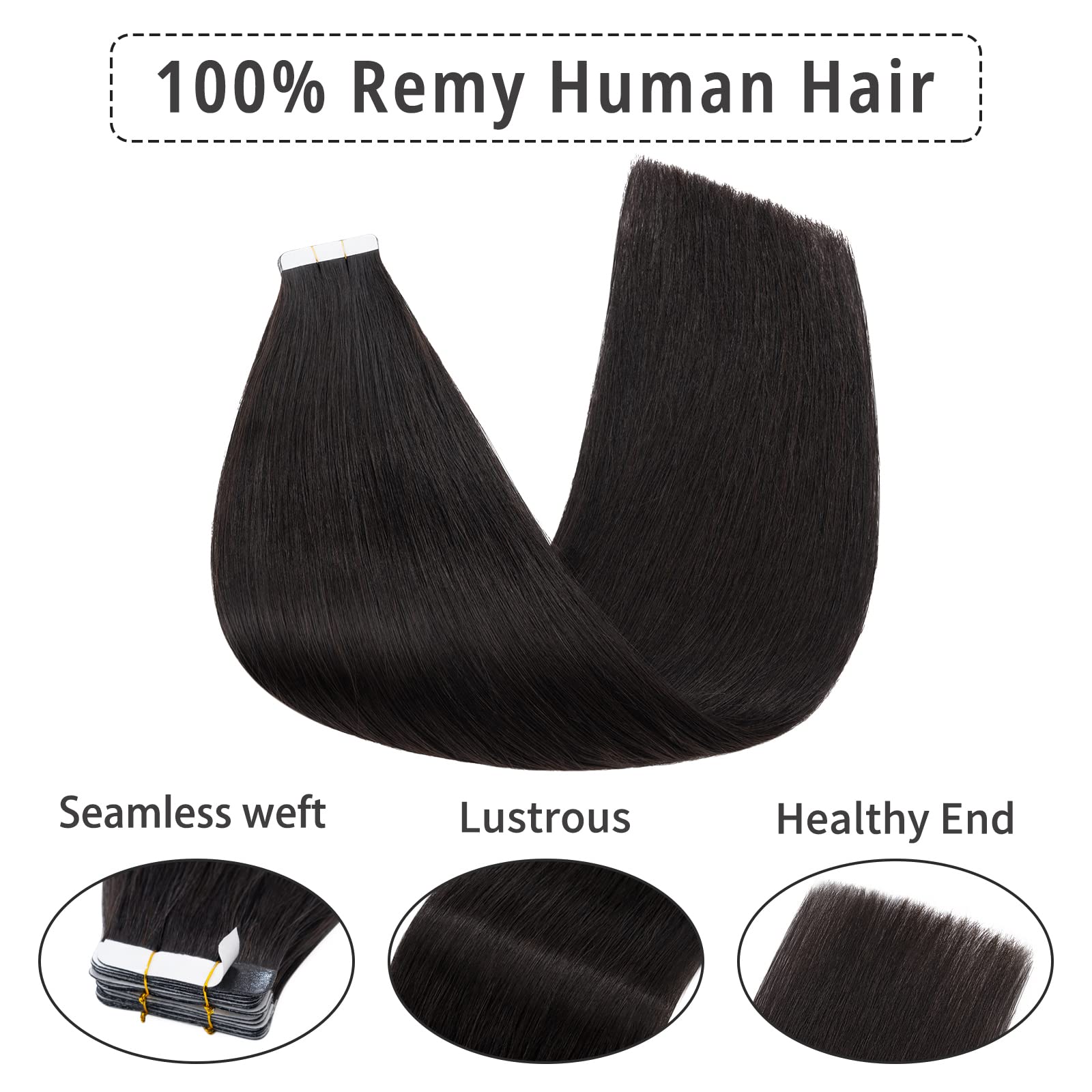Hairro Tape in Hair Extensions 22 Inch Long Straight Human Hair #1B Natural Black 30g Thin Seamless Skin Weft Glue in Human Hairpieces 20pcs/pack for Women