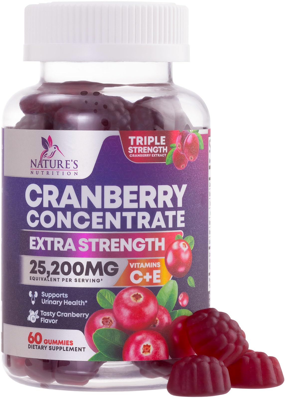 Cranberry Supplement Gummies + Vitamin C - Made with 25,000mg 50:1 Cranberry Extract to Help Cleanse and Protect The Urinary Tract, Nature's Chewable Cranberry Pills for Women, Non-GMO - 60 Gummies