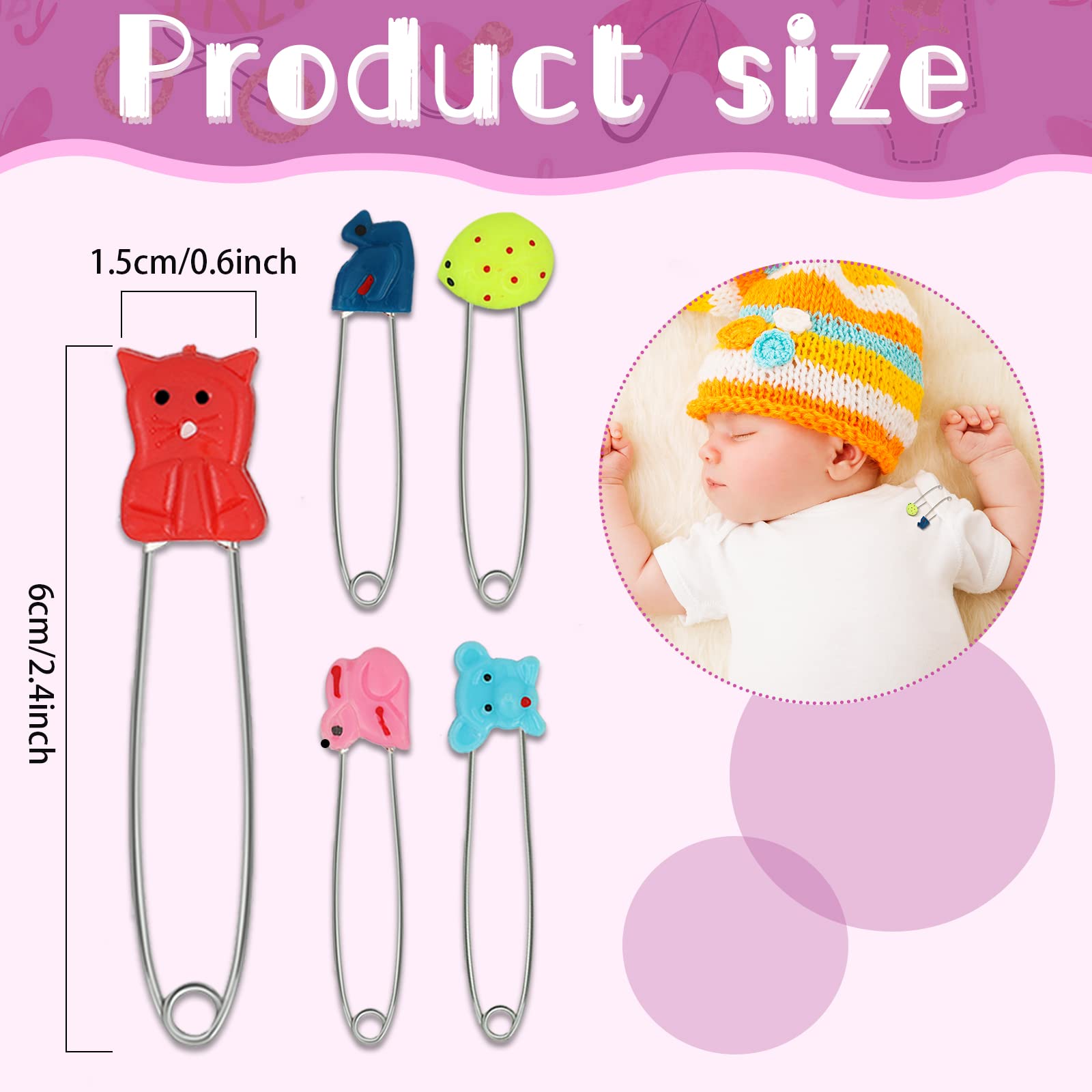 30 pcs Baby Safety Diaper Pin with Plastic Head Animal Pattern 2.4 Inch Secure Clips for Fastening Baby Clothes Diaper Napkins Stainless Steel Kids Newborn Safety Pin with Lock Buckle, Random Patterns