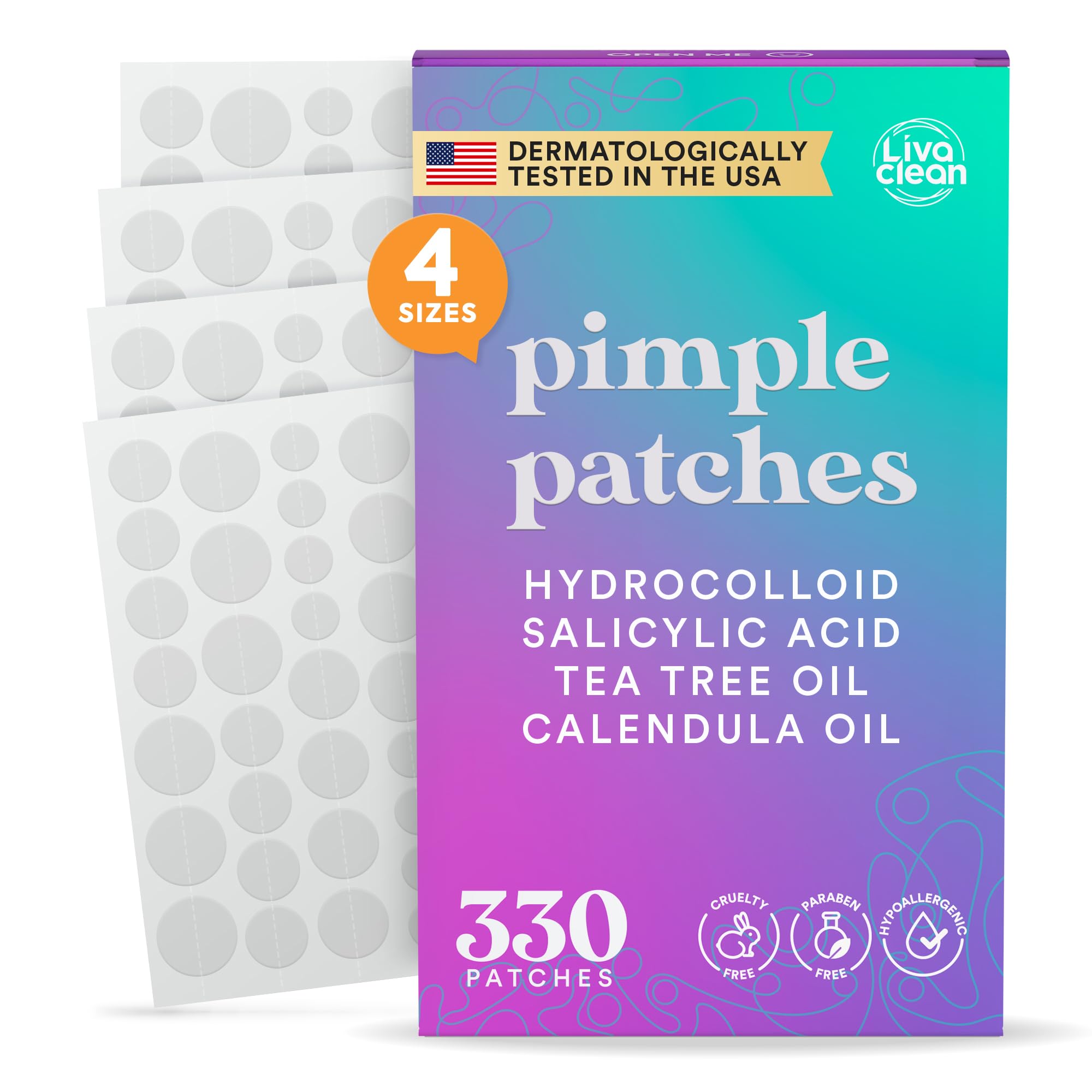 LivaClean 330 CT Pimple Patches for Face w/Salicylic Acid, Tea Tree Oil & Calendula Oil - Four Sizes - Pimple Patch, Hydrocolloid Patch, Acne Patches for Face