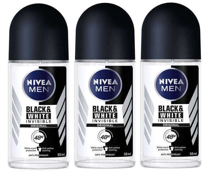 Nivea for Men Invisible for Black and White 48 Hours Deodorant Roll on 50 Ml. 3 Pack l