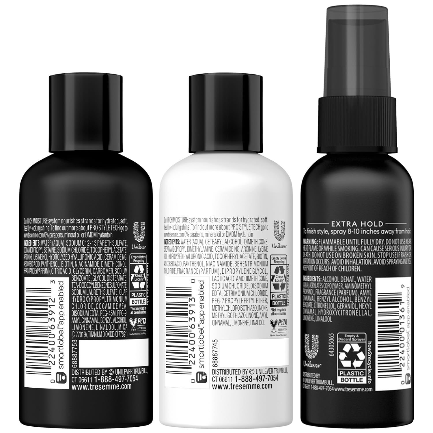 TRESemmé Travel Shampoo, Conditioner & Hairspray – Rich Moisture Hair Products + Non-Aerosol Hair Spray, 24H Frizz Control (3 Piece Set)
