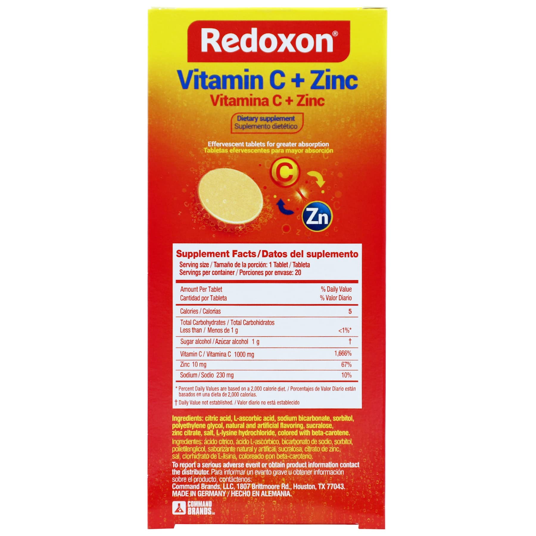 Redoxon Vitamin C + Zinc, Effervescent Tablets of Vitamin C and Zinc, Helps Support Your Immune System, Orange Flavor, 20 Effervescent Tablets, 2.82 Oz, Box