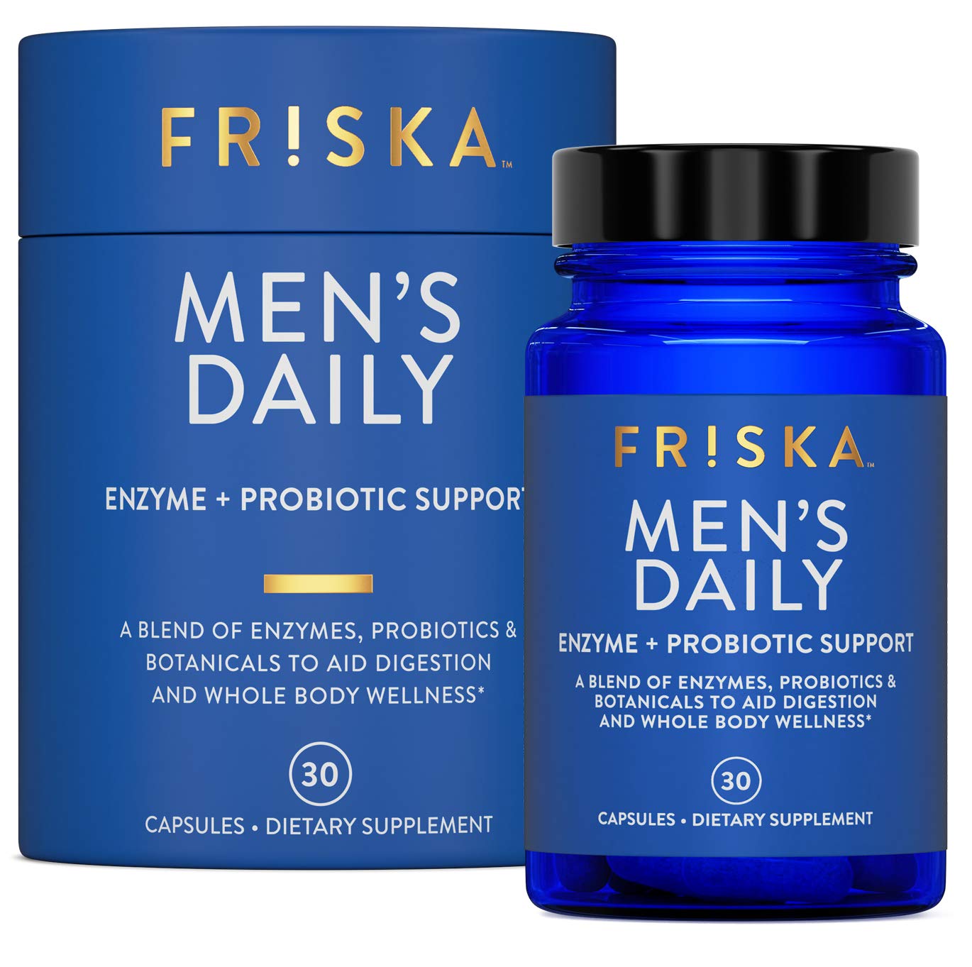 FRISKA Men’s Daily Digestive Enzyme and Probiotics Supplement, Natural Support for Male Digestive Health, Bloating, Gas, Indigestion Relief, Supports Gut Health, Lactase and B-Vitamins, 30 Capsules