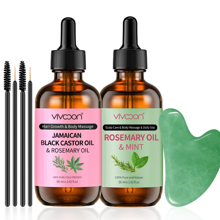 Organic Rosemary Mint & Jamaican Black Castor Oil 2 Packs with Gua Sha Tool, for Hair Growth & Body Massage Kit, 100% Pure, Natural, Cold Pressed Hair Oils, Womens Gift