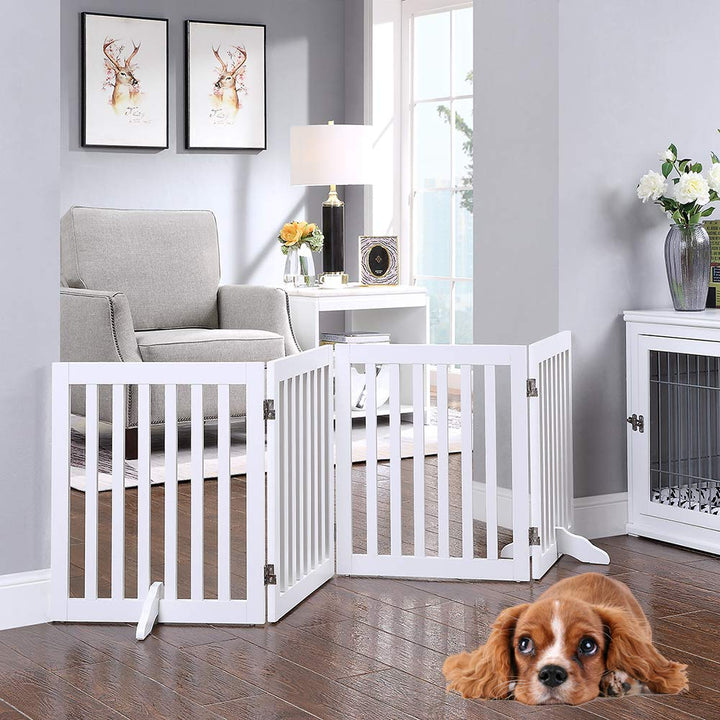unipaws 24”H Free Standing Pet Gate for Dog Cat, Wooden Dog Gates for Doorway, Stairs, Step Over Foldable Pet Fence for The House, Expandable Dog Barrier, Indoor Use, White