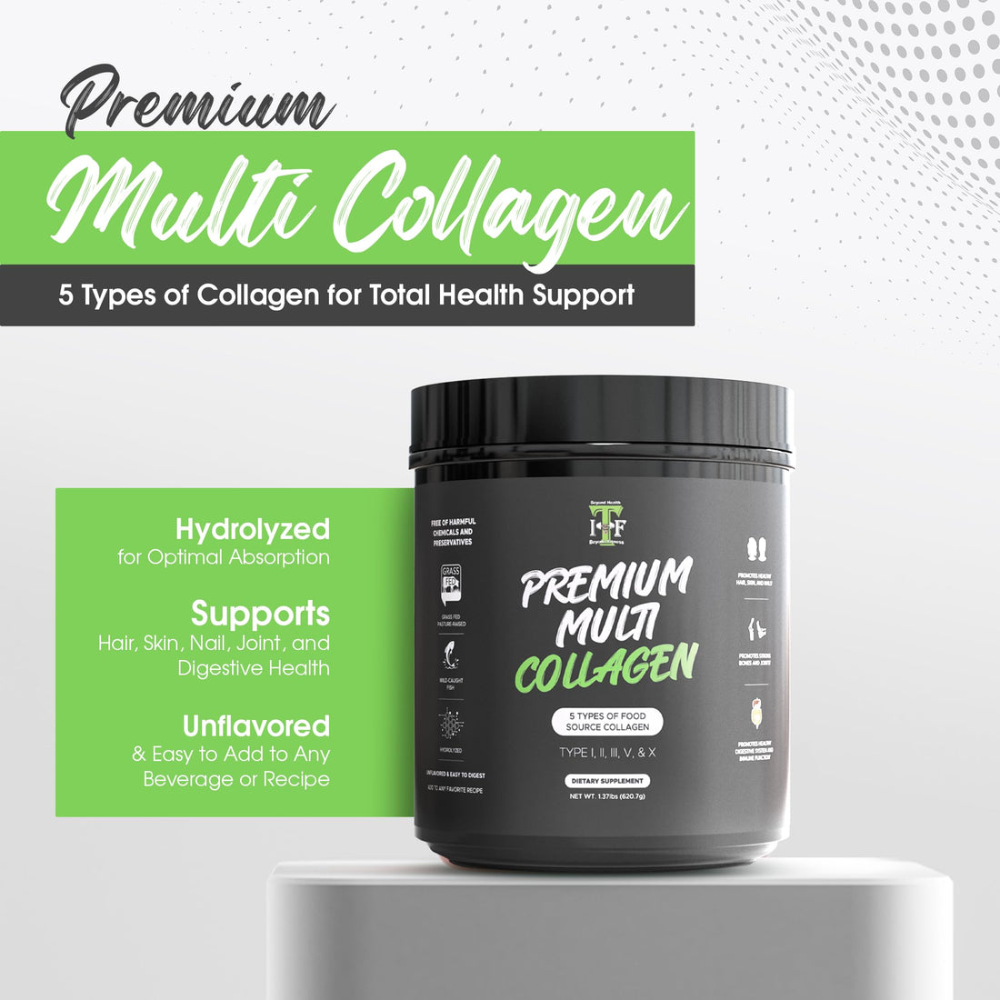 Multi Collagen Peptides Powder Unflavored - 5 Types Multi Collagen Complex (I, II, III, V, X) - Grass Fed Hydrolyzed Powder Collagen for Hair, Skin, Nails, Joints & Gut Health - 30 Servings