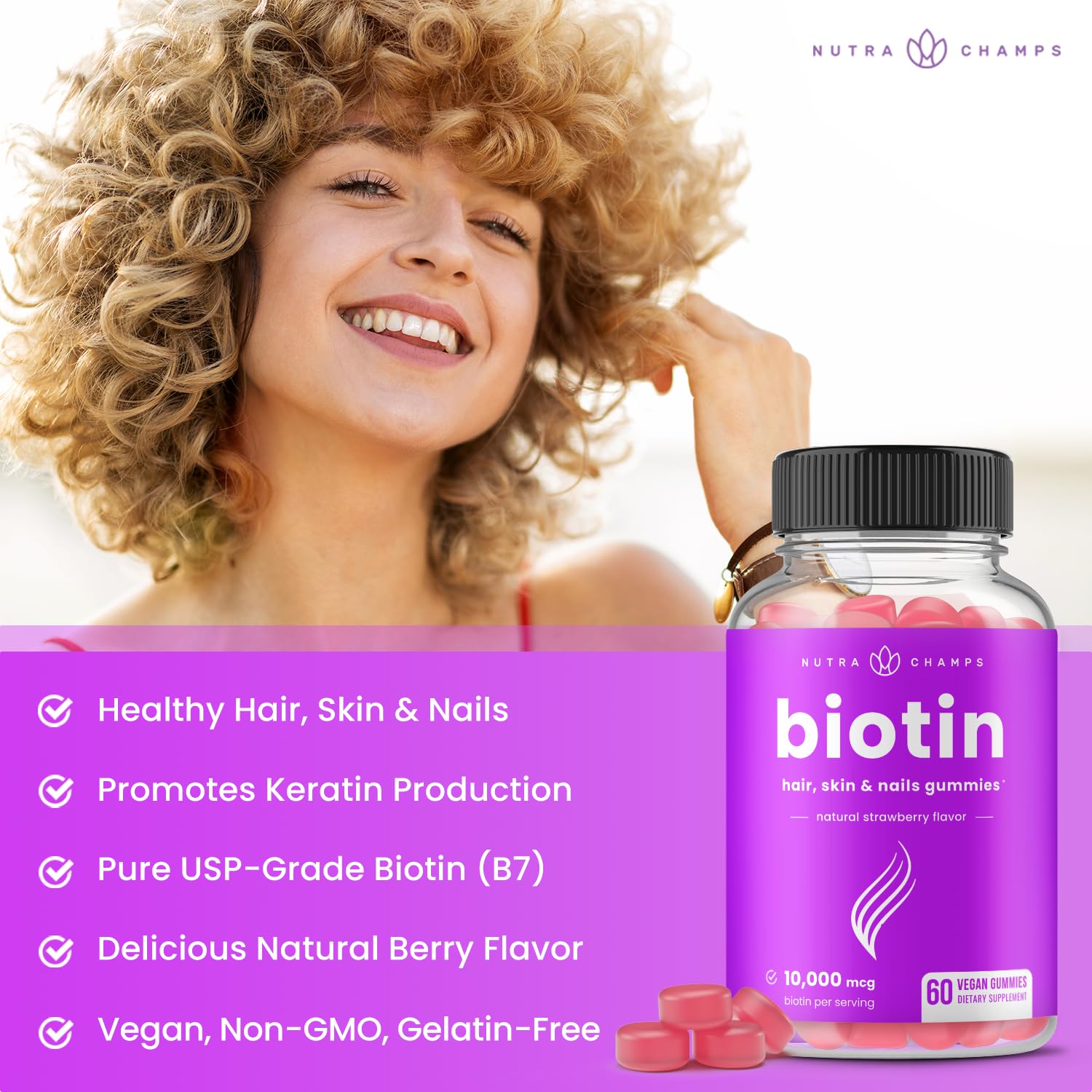 NutraChamps Biotin Gummies 10000mcg [High Potency] for Healthy Hair, Skin & Nails Vitamins for Women, Men & Kids - 5000mcg in Each Hair Vitamins Gummy - Vegan, Non-GMO, Hair Health Supplement