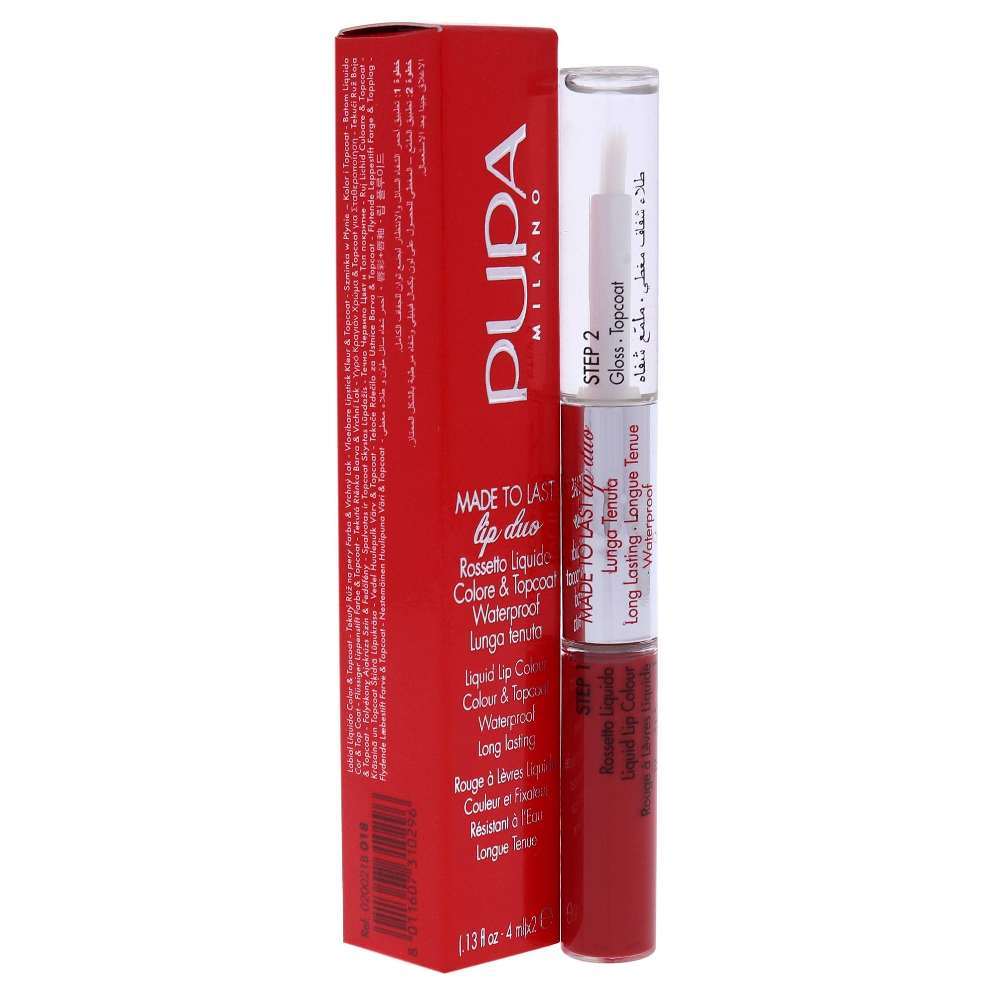 Pupa Milano Made To Last Lip Duo - Comfortable Liquid Lip Color with Top Coat - Waterproof - Long Lasting Hold - Ultra Shiny, Latex Effect Make-Up Result - 018 Imperial Red - 0.13 Oz,I0111658