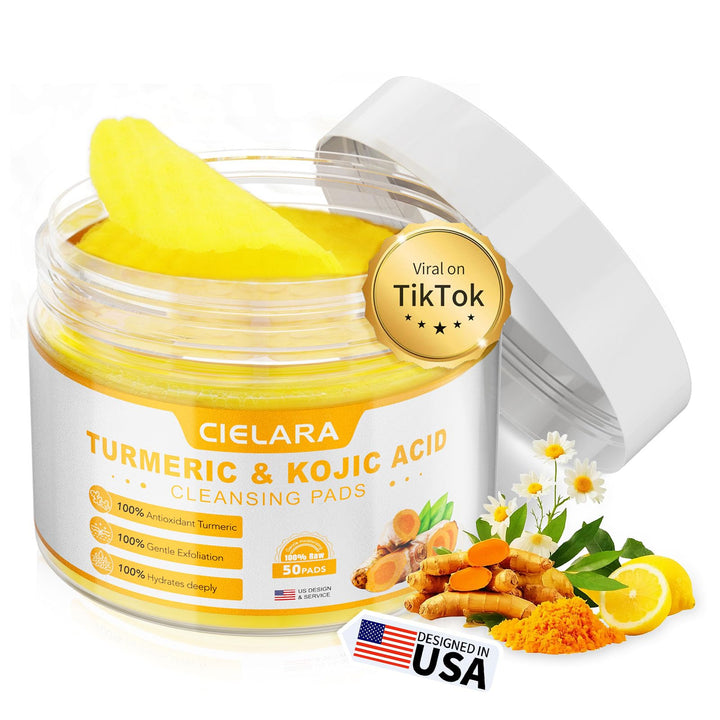 CIELARA Turmeric Kojic Acid Cleansing Pads for Dark Spots Remover for Face, Lemon Turmeric Pads with Vitamin C & E, Deep Clean Pores, Hydrate & Plump Skin Exfoliating with Kojic Acid 50 Count