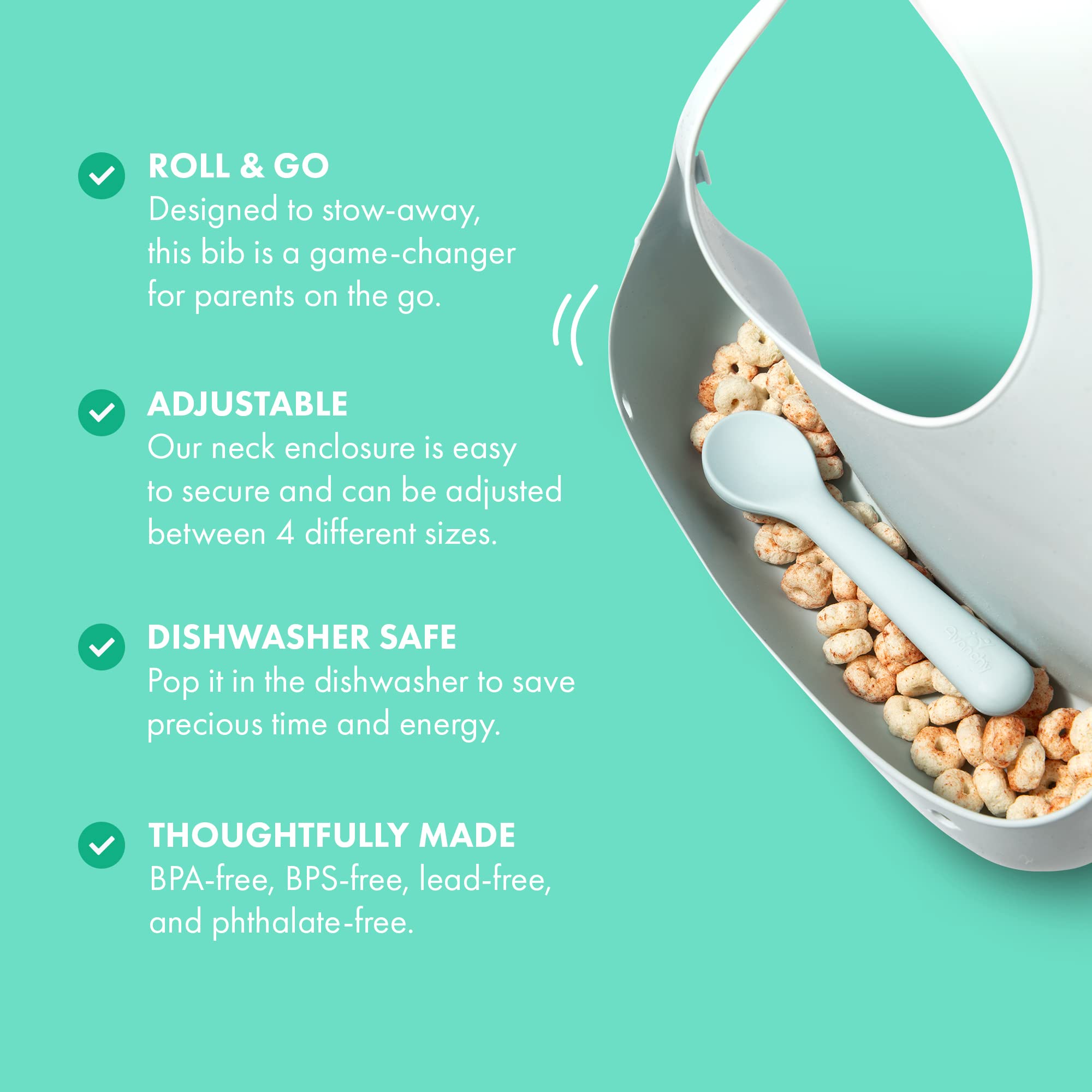 Avanchy Silicone Baby Bibs, Waterproof, Adjustable, BPA Free, Soft Unisex Set for Toddlers with Matching Spoon, Green