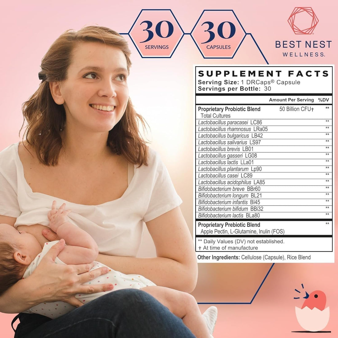 Best Nest Wellness Mama Bird Probiotics - Digestive Health Supplement Aids Gut - Brain Support - 50 Billion CFU Multi-Probiotic Supplement for Women - Supports Healthy Gut Biome - 30 Capsules