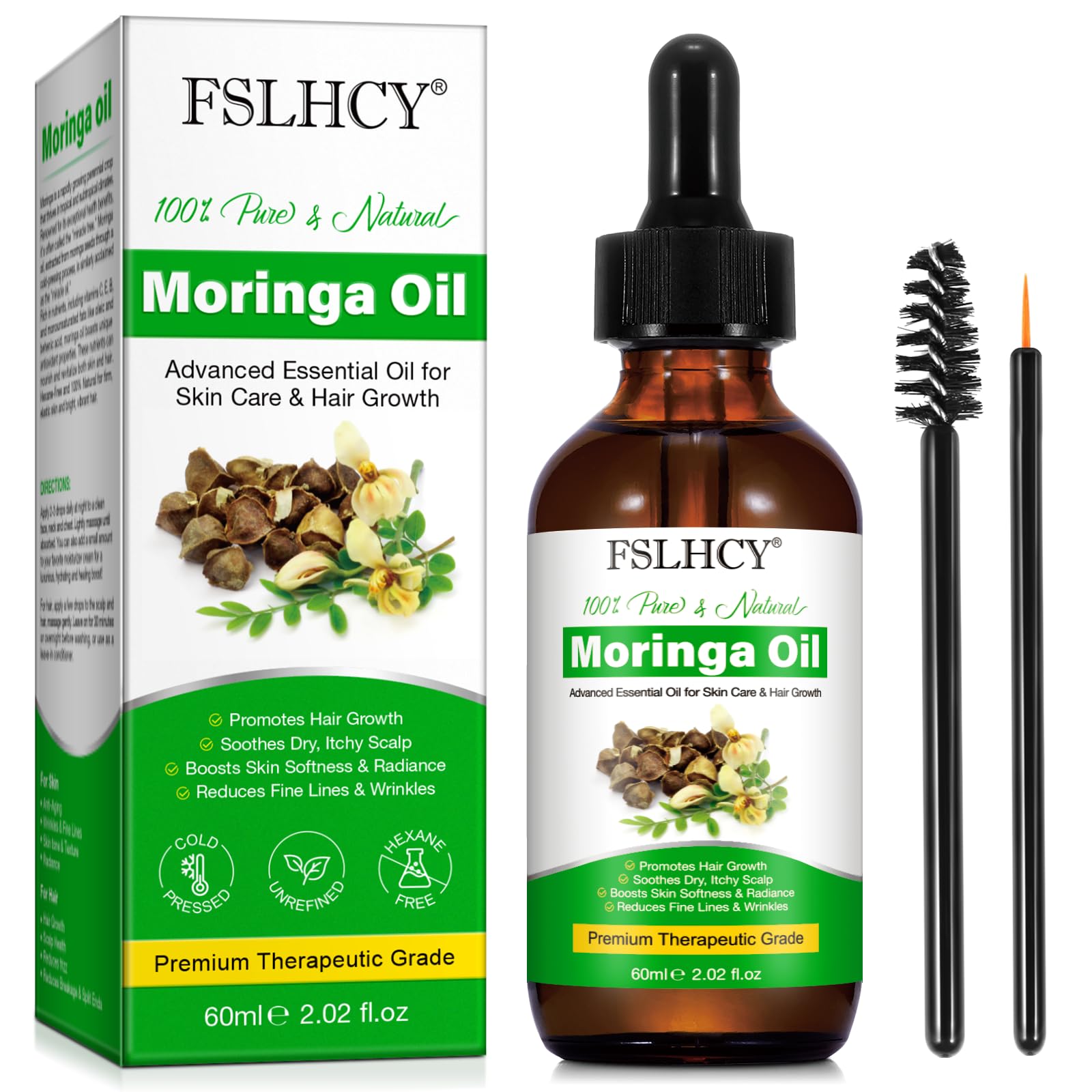 Moringa Oil Pure, Moringa Seed Oil for Face & Hair Growth & Moisturizer & Massage Oil Natural Cold Pressed Reduces Fine Lines, Antioxidant & Anti-ageing (60ML)