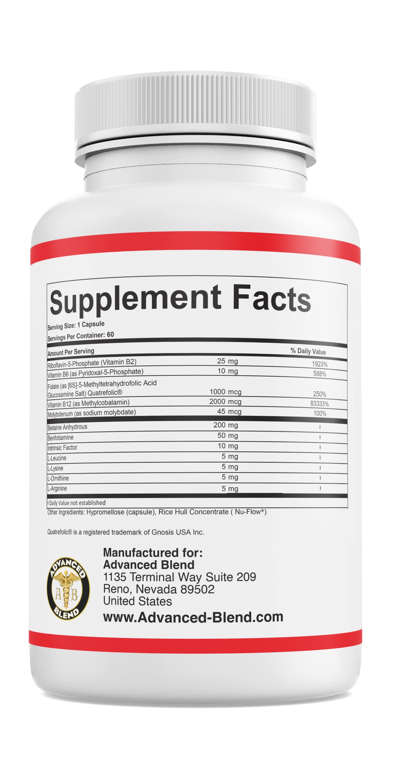 Bplex-Pro Advanced Blend MTHFR with 1000 mcg Quatrefolic. 1500 mcg Methylcobalamin with Amino Acids to Aid in Detox. Intrinsic Factor for B12 Absorption. 60 Veggie Capsules.