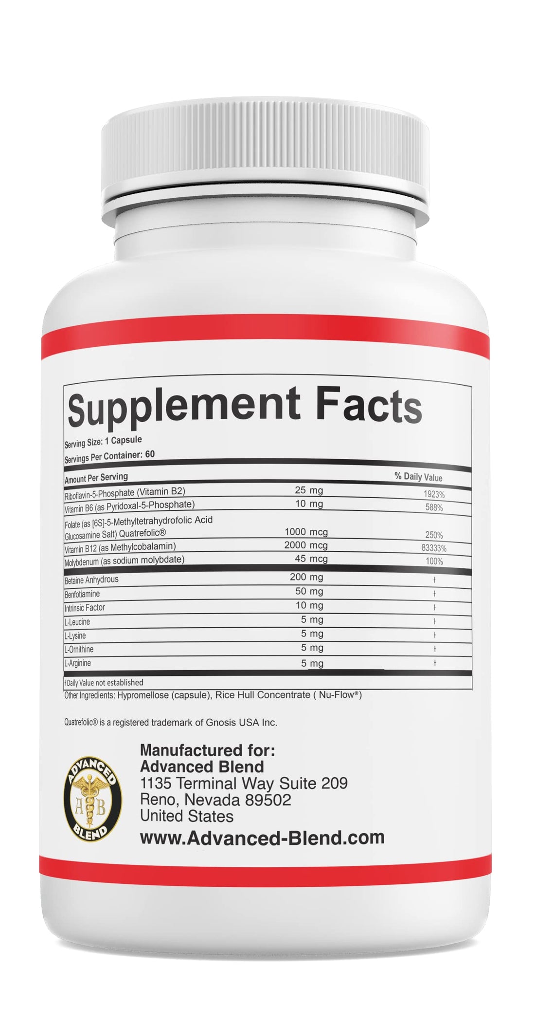 Bplex-Pro Advanced Blend MTHFR with 1000 mcg Quatrefolic. 1500 mcg Methylcobalamin with Amino Acids to Aid in Detox. Intrinsic Factor for B12 Absorption. 60 Veggie Capsules.