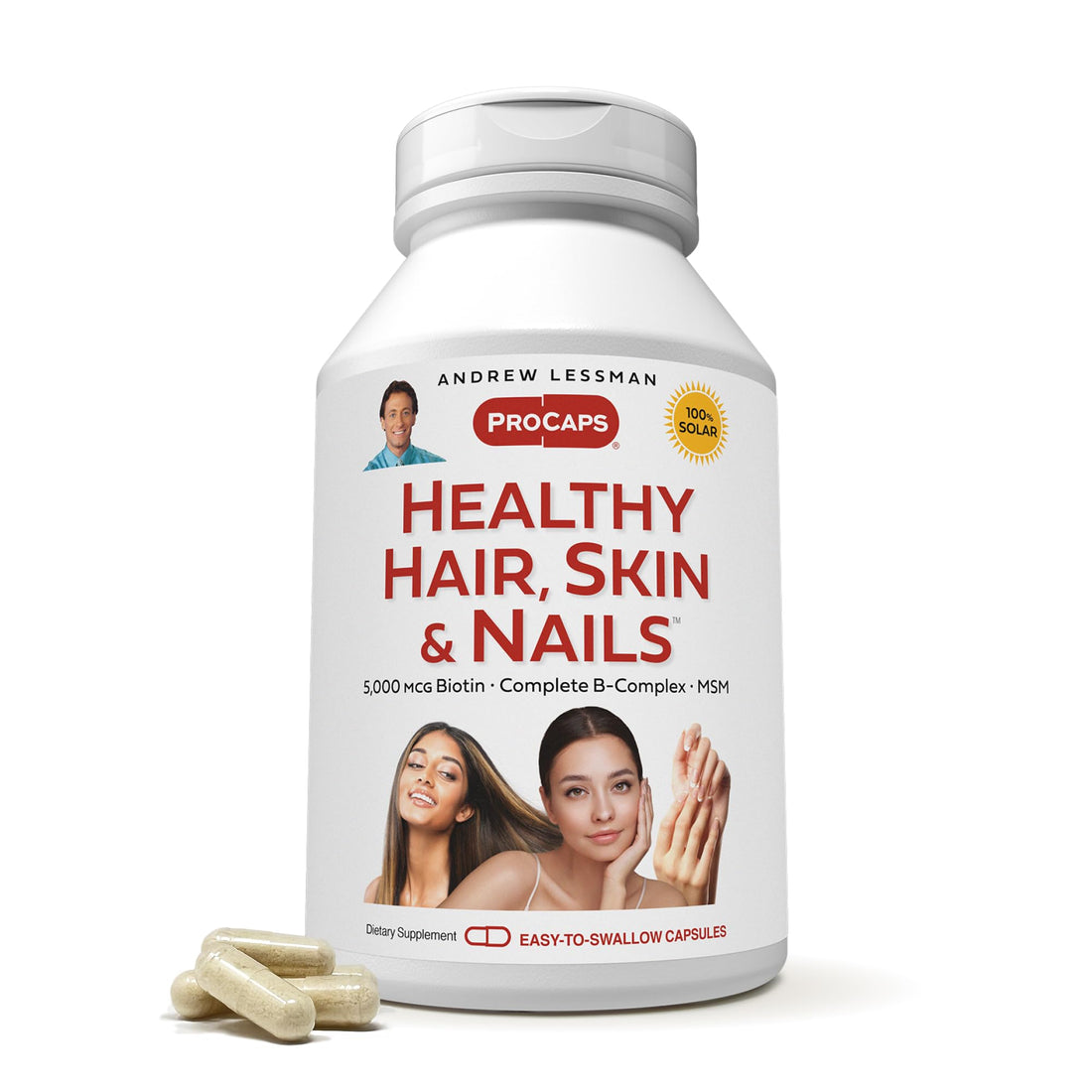 ANDREW LESSMAN Healthy Hair, Skin and Nails 120 Capsules - 5000 mcg High Bioactivity Biotin, B-Complex. Promotes Beautiful Skin, Strong Nails. No Additives Hair Growth Vitamins Biotin Supplement