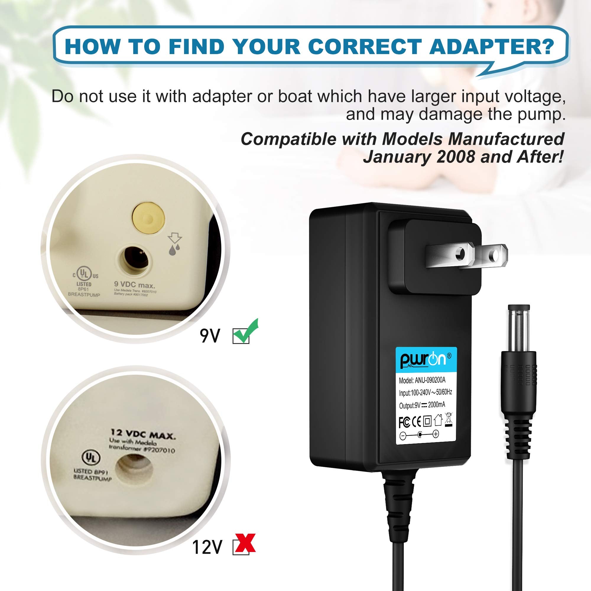 PwrON 9V AC to DC Adapter Compatible with Medela Pump in Style Advanced Breast Pumps - Replacement for Models #9207010 Power Supply Cord (Manufactured January 2008 After)
