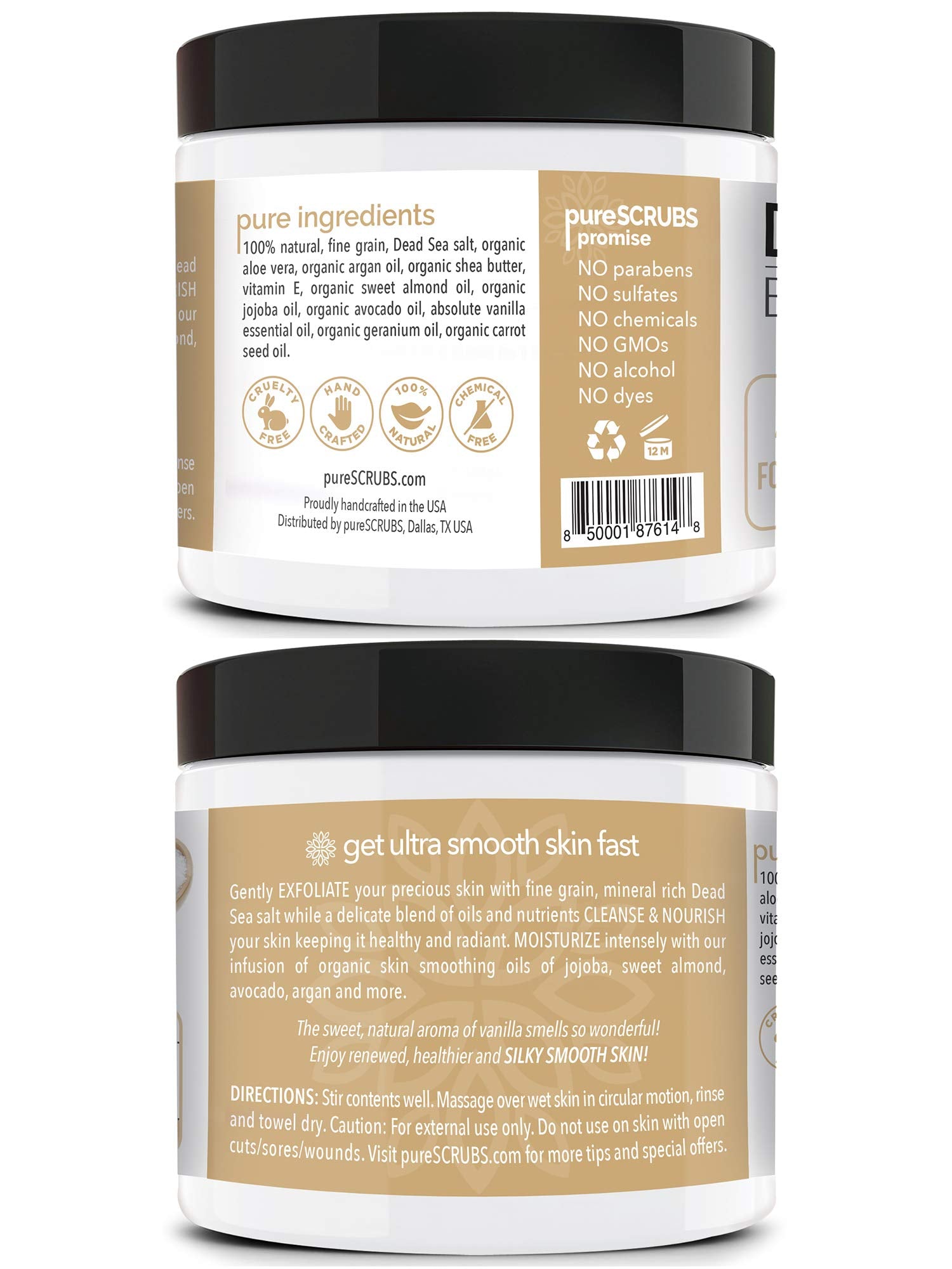 pureSCRUBS Premium Vanilla Body Scrub Set - Large 16oz Dead Sea Salt Body Scrub With Infused Essential Oils & Nutrients, Includes Wooden Spoon, Loofah & Oatmeal Exfoliating Bar Soap