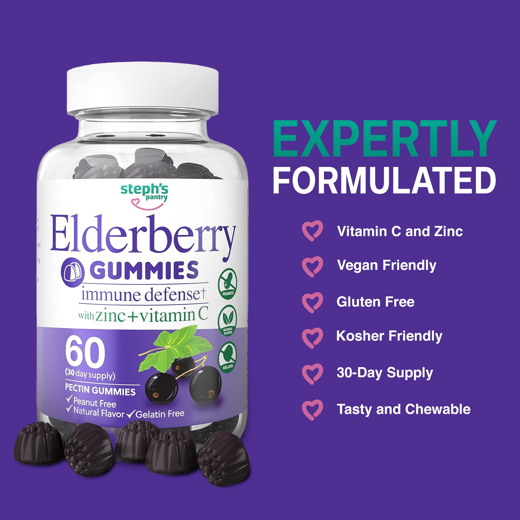 Elderberry Gummies with Vitamin C and Zinc - Immune Booster Elderberry Gummies For Adults and Kids - Vegan Natural Ingredients Defense Multivitamins with Antioxidant Support (60 Gummies)