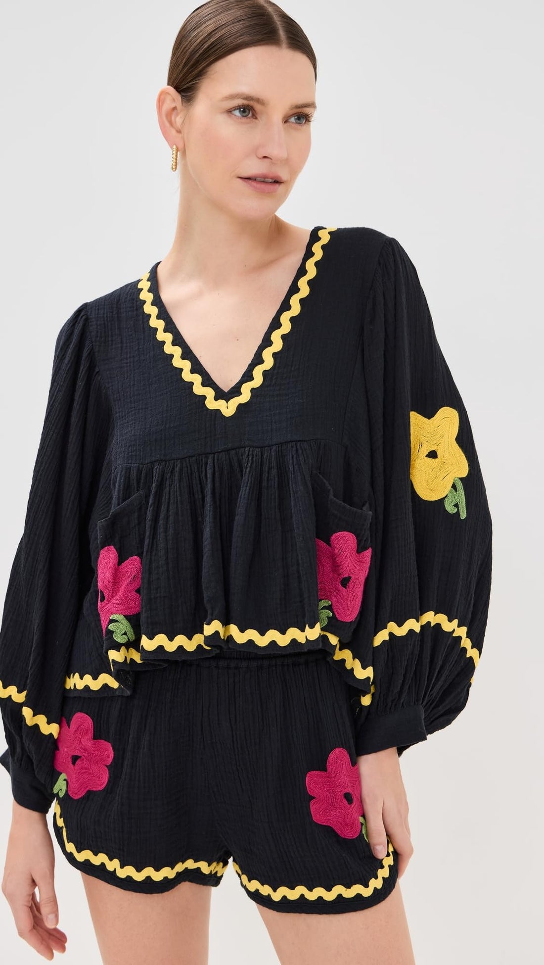 Rhode Women's Renata Top, Casablanca Blossom Embroidery, Blue, Floral, M-L