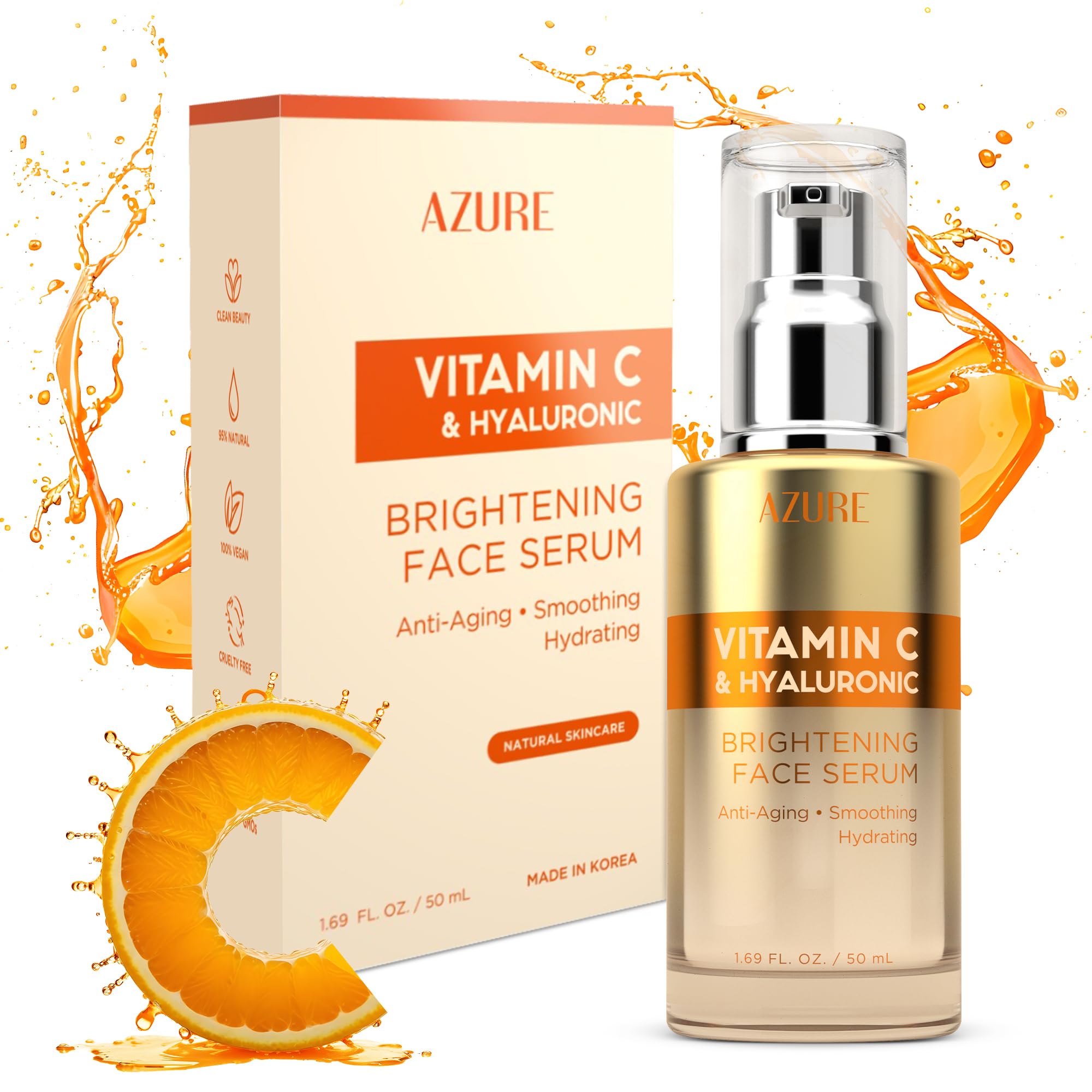 Azure Cosmetics Dermatologist Tested Vitamin C Face Serum - K Beauty Anti-Aging Serum with Hyaluronic Acid for Dark Spots - Korean Skincare, Retinol Enhanced Formula for Wrinkle Care - 1.69 fl oz