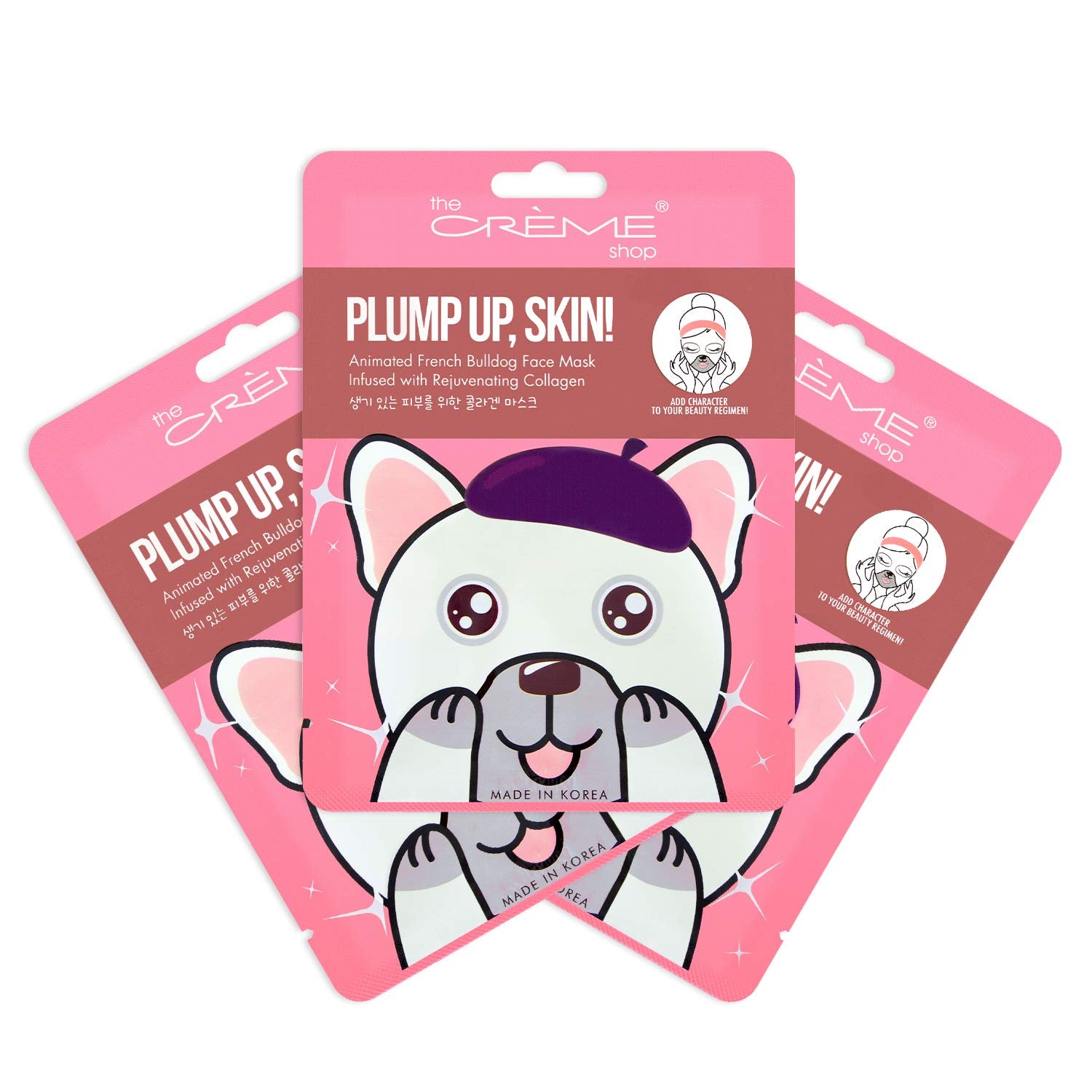 The Crème Shop Collagen Face Mask, Animal Face Mask Sheet, Korean Skin Mask, Cute Bulldog Sheet Mask Plumps Skin, Collagen Mask, Face Mask Animal Sheets - 3 Pack