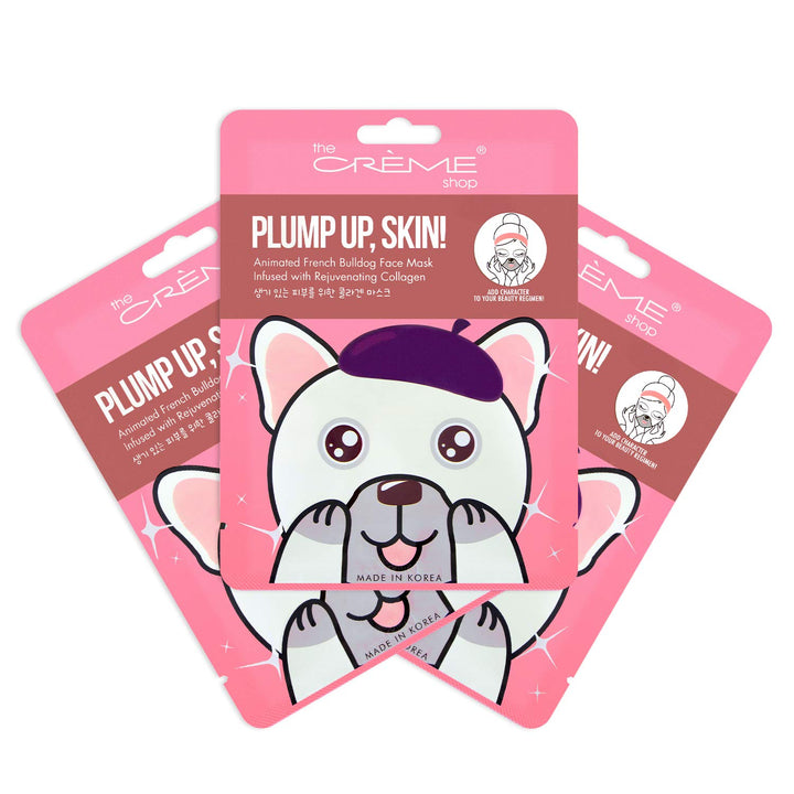 The Crème Shop Collagen Face Mask, Animal Face Mask Sheet, Korean Skin Mask, Cute Bulldog Sheet Mask Plumps Skin, Collagen Mask, Face Mask Animal Sheets - 3 Pack
