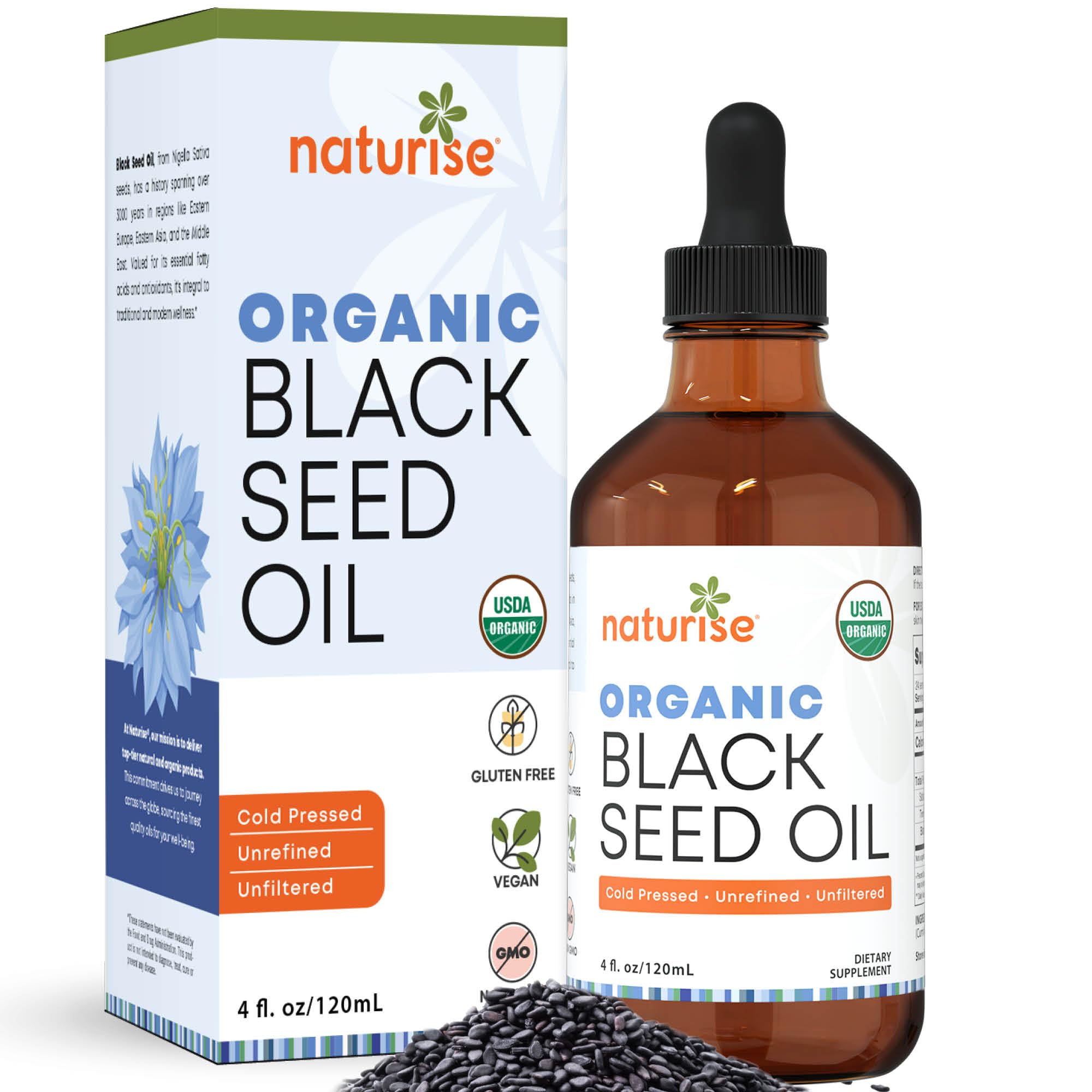 Organic Black Seed Oil - Organic Cold Pressed Black Cumin Seed Oil - Vegan Non-GMO Gluten Free Black Seed Oil Liquid (Nigella Sativa) Blackseed Oil for Hair & Skin, General Wellness (4 Fl Oz.)