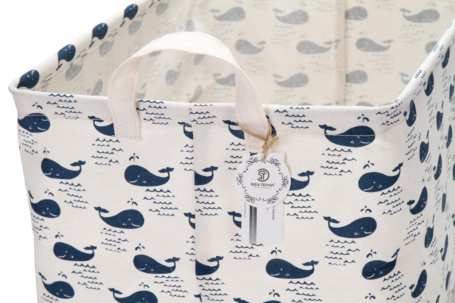 Sea Team 16.5 x 11.8 x 9.8 Square Natural Linen & Cotton Fabric Storage Bins Shelves Storage Baskets Organizers for Nursery & Kid's Room (Whale)