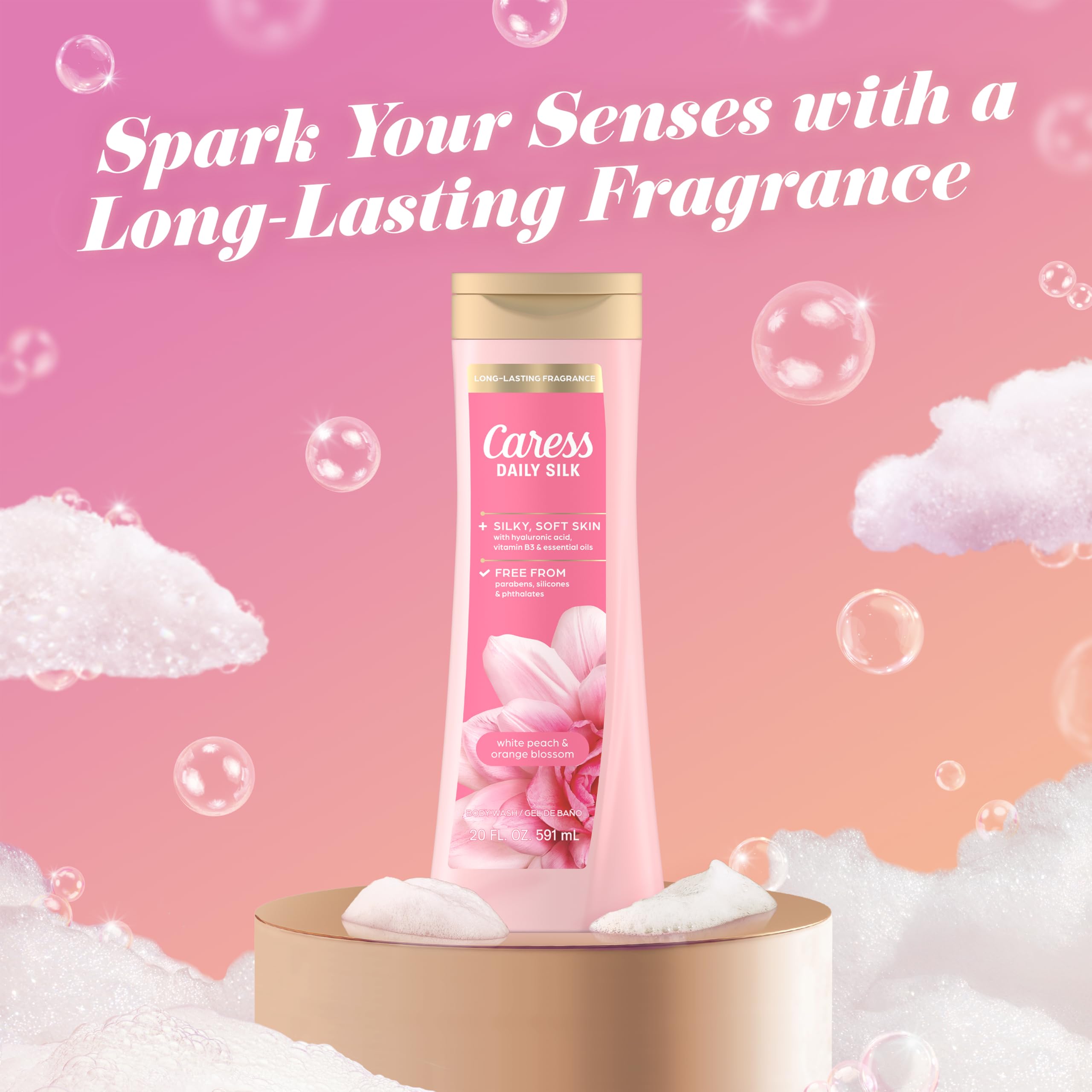 Caress Body Wash for Women, Daily Silk White Peach & Orange Blossom, Shower Gel Body Wash Moisturizing for Noticeably Silky, Soft Skin, 20 fl oz, 4 Pack