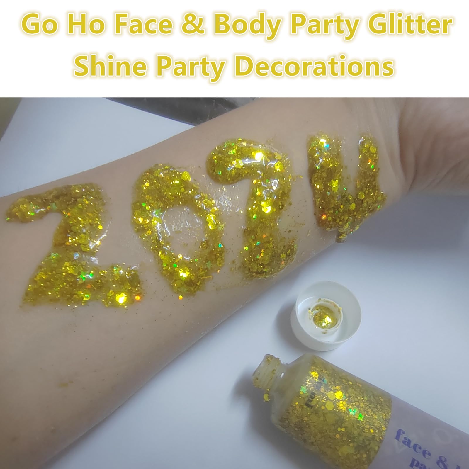 Go Ho Gold Face Body Glitter,Mardi Gras Glitter Makeup Gold Face Paint,Holographic Chunky Sequins Glitters for Eye Lip Hair Nails,Festival Rave Accessories,52g