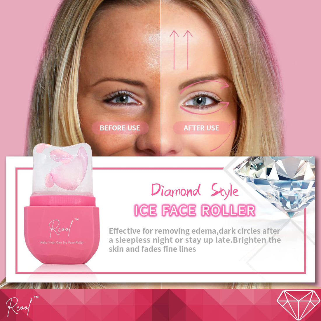 Ice Roller For Face Eyes and Neck,Rcool Revolutionary Diamond Ice Face Roller To Brighten Skin & Enhance Your Natural Glow/De-puff Eye Bags Shrink Pores and Lubricate the Skin.(Pink)