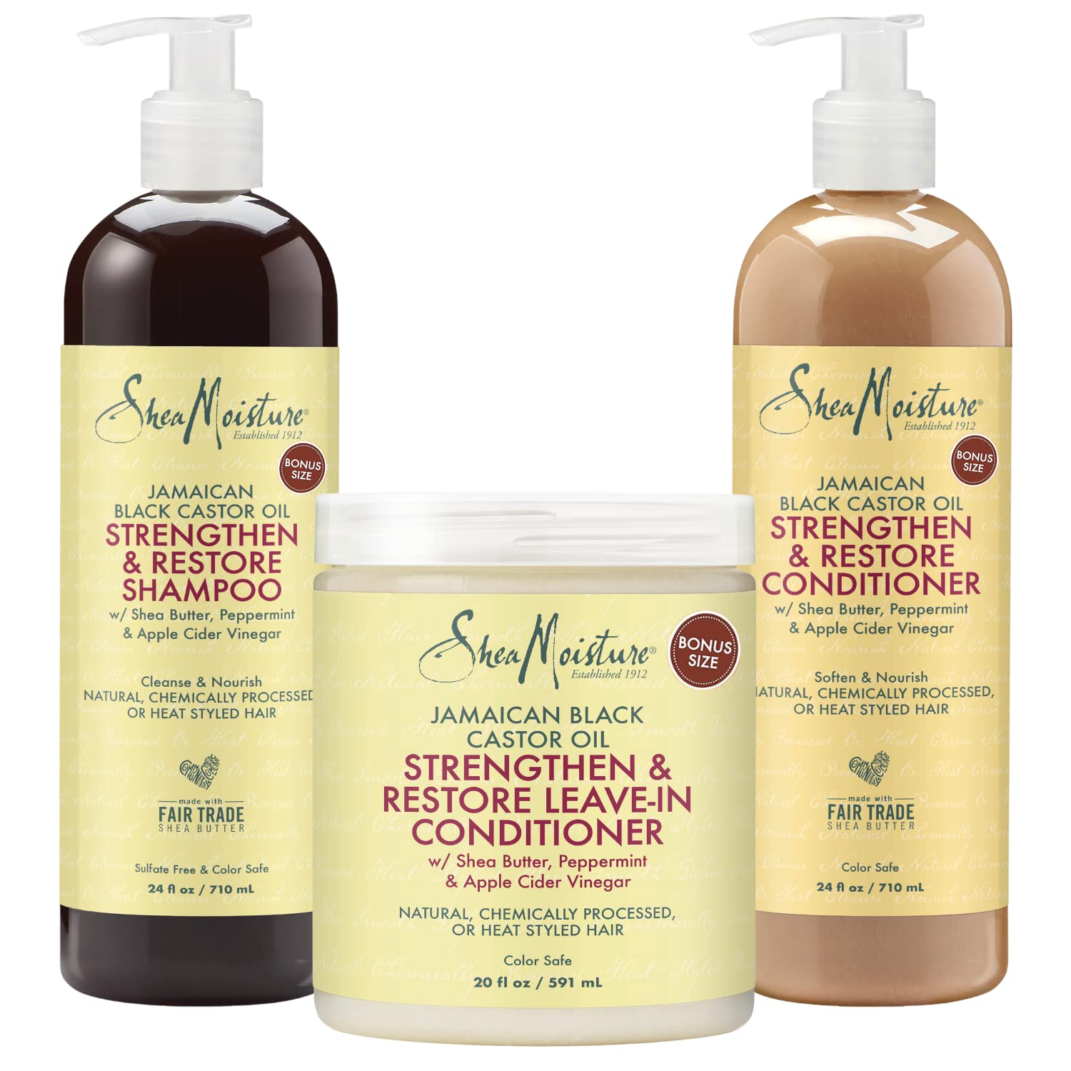 SheaMoisture Shampoo and Conditioner Set for Curly Hair, Strengthen and Restore, 24 Fl Oz each + Leave In, 20 Oz, Jamaican Black Castor Oil, Apple Cider Vinegar, Organic Shea Butter