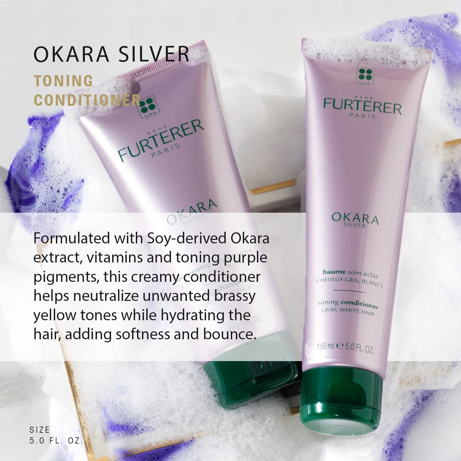 Rene Furterer OKARA SILVER Toning Conditioner, Purple Conditioner for Blonde, White, Grey, Silver, Pastel Hair, 5 fl oz