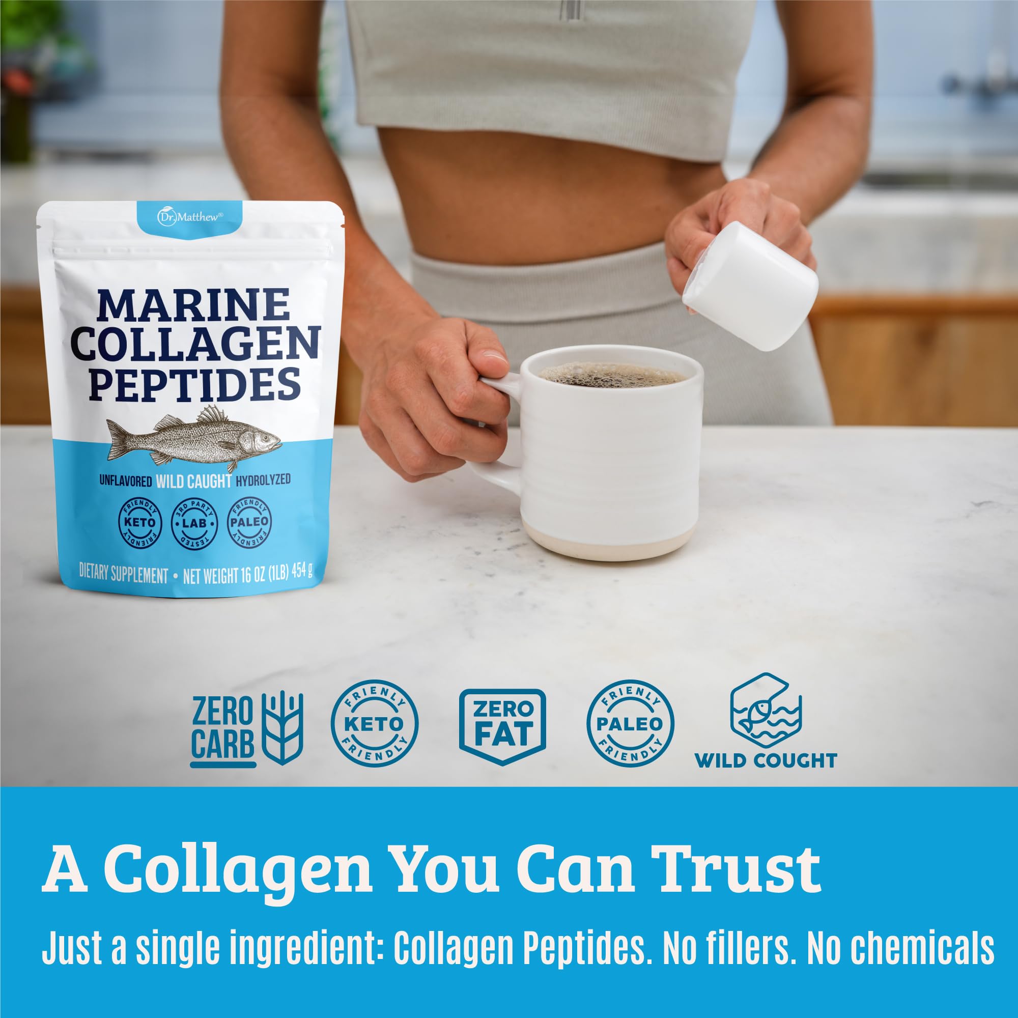 Dr. Matthew Marine Collagen Peptides Powder from Hydrolyzed Wild Caught Fish Protein - Hair & Beauty Supplements for Women & Men