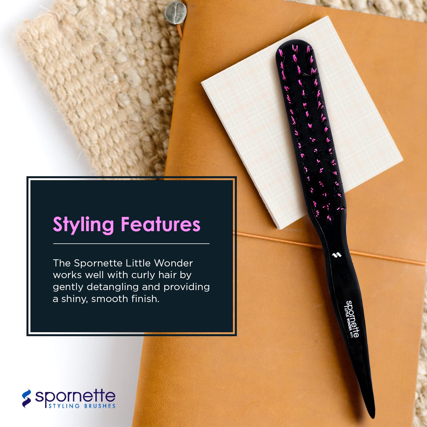 Spornette Little Wonder Boar & Tourmaline Nylon Bristle Teasing Brush (#111 PINK) with Tail Handle for Back Brushing, Back Combing, Creating Volume, Teasing, Slicking Hair Back Into A Bun or Ponytail