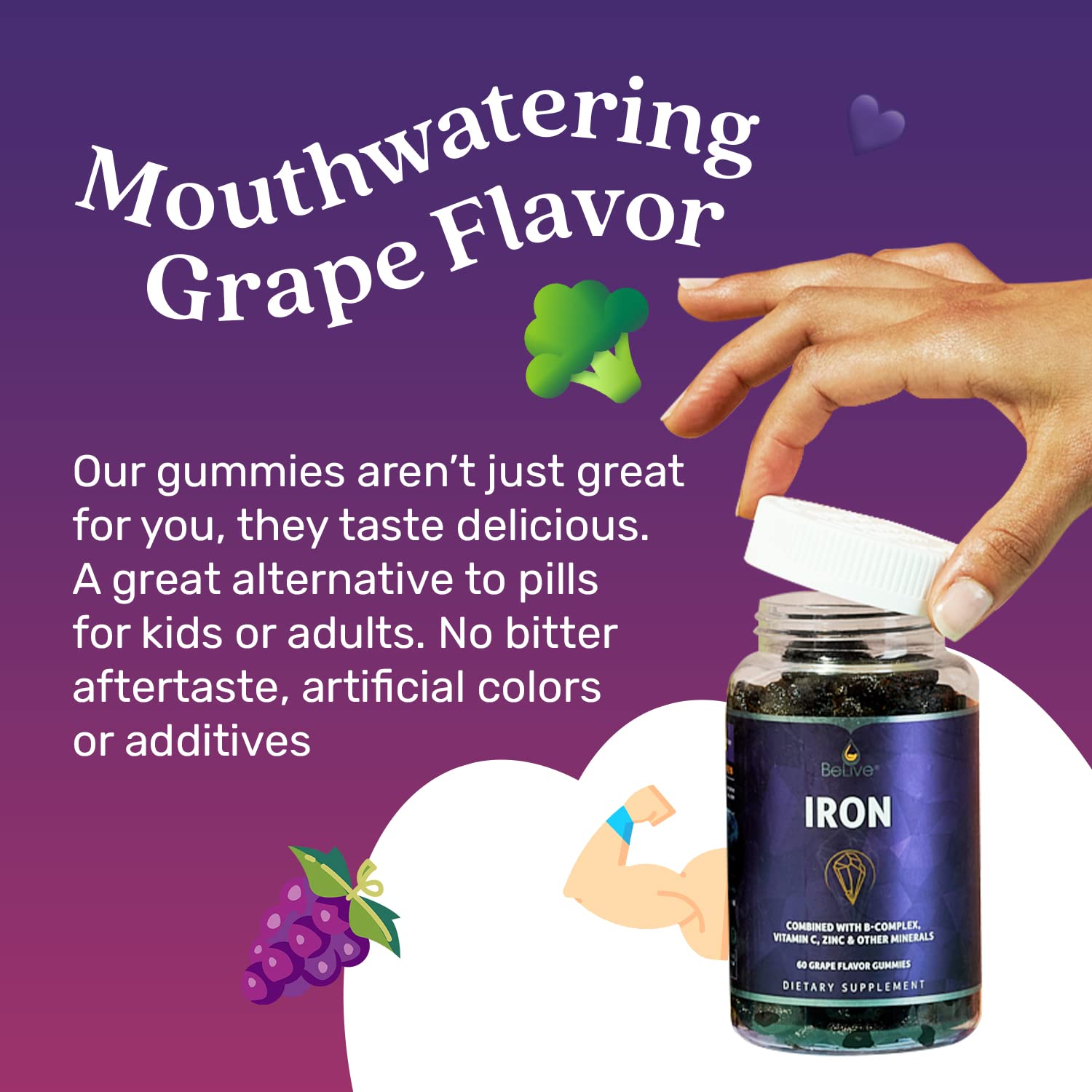 BeLive Iron Gummies - Multivitamin Supplement with Vitamin C, A, B & Zinc, Supports Blood Oxygen, Vegan Iron Supplements for Women, Men & Kids for Growth and Development - Grape Flavor | 1-Pack