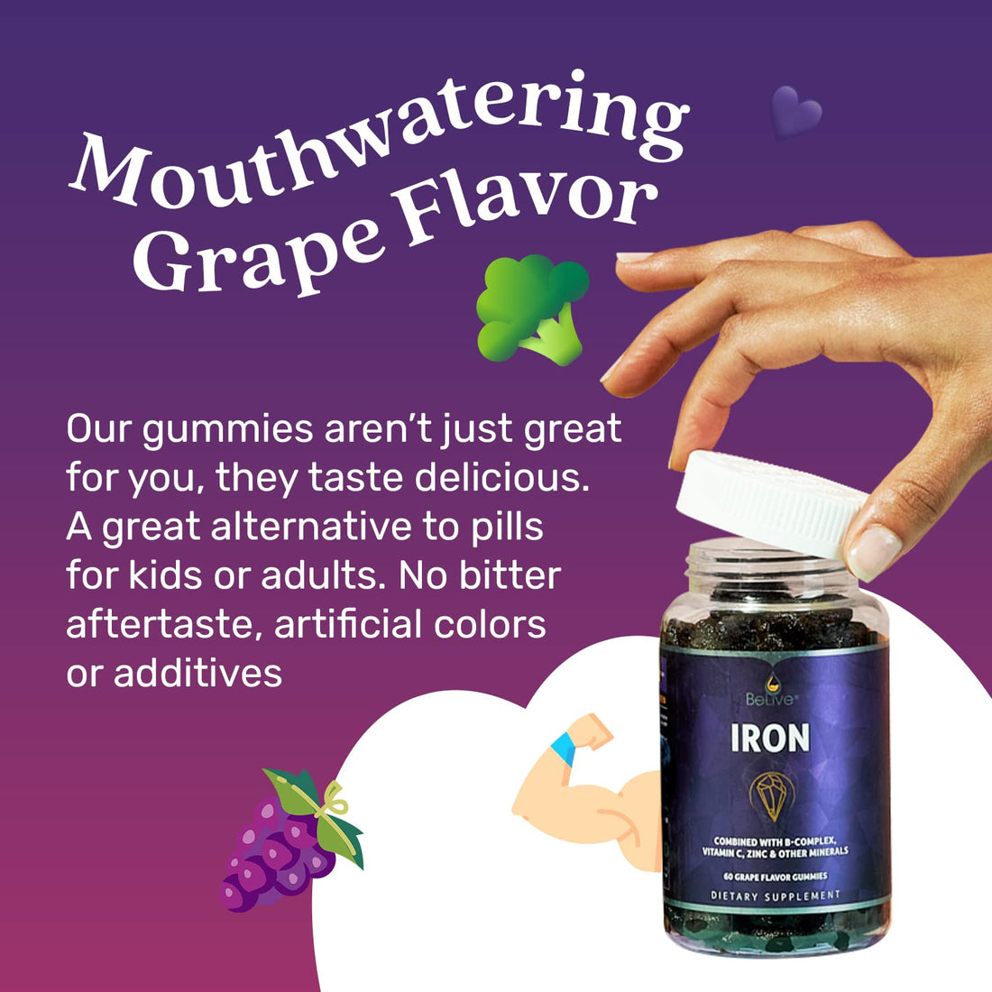 BeLive Iron Gummies - Multivitamin Supplement with Vitamin C, A, B & Zinc, Supports Blood Oxygen, Vegan Iron Supplements for Women, Men & Kids for Growth and Development - Grape Flavor | 1-Pack