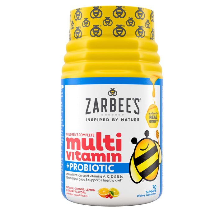 Zarbee's Kid's Complete Daily Multivitamin + Probiotic Gummies with Vitamins A B C D E & zinc for Digestive Health Easy To Chew, Natural Fruit 70 Count