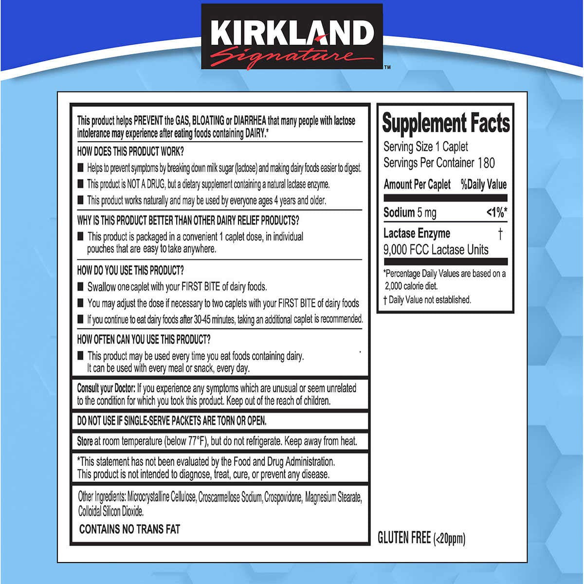 Kirkland Signature Fast Acting Lactase Natural Dairy Digestive Supplement, 180-Count Caplets