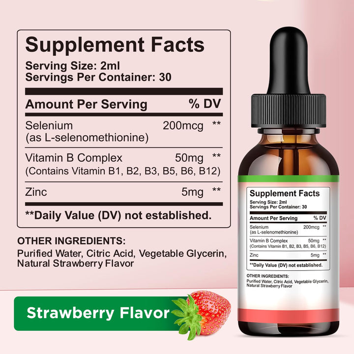 Selenium Liquid Drops - 200mcg Liquid Selenium Supplement with Vitamin B Complex & Zinc - Support for Immune System, Antioxidant & Heart Health, High Absorption - Strawberry Flavor, 2 Fl Oz