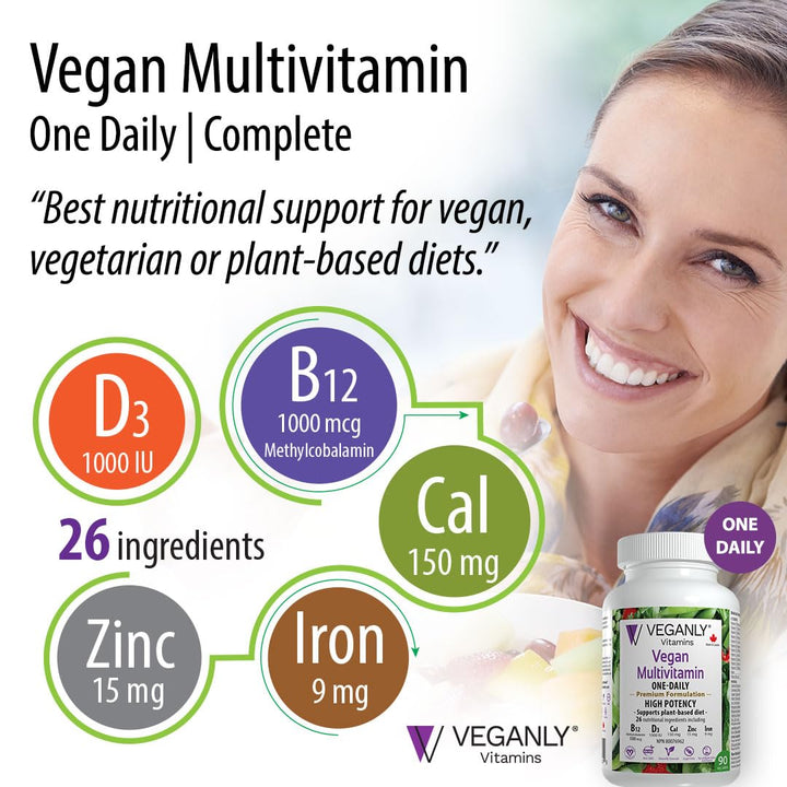 VEGANLY Vitamins Vegan Multivitamin One-Daily, (90 Veg Tablets). Complete Vegan Nutrition Support for Plant-Based, Vegan or Vegetarian Diets. 26 Essentials with High Potency in B12 & D3.