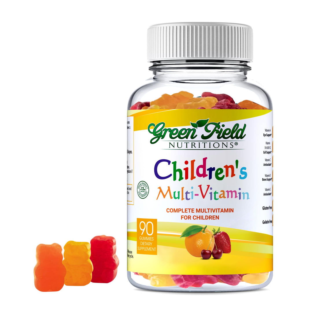 Greenfield Nutritions Kids Gelatin Free Halal Multivitamin Gummies - All Essential Halal Vitamins A, Bs, C, D, Iodine, Zinc for Immunity, Non-GMO, Children's Halal Vitamin Gummies (90 Count)